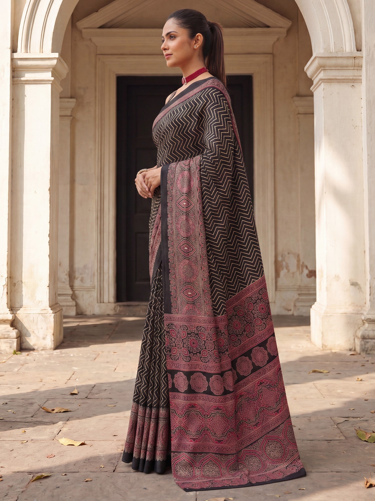Women's Satin Black Printed Designer Saree With Blouse Piece