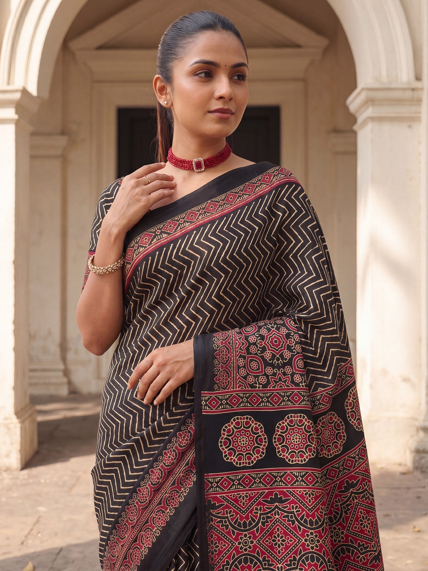 Women's Satin Black Printed Designer Saree With Blouse Piece
