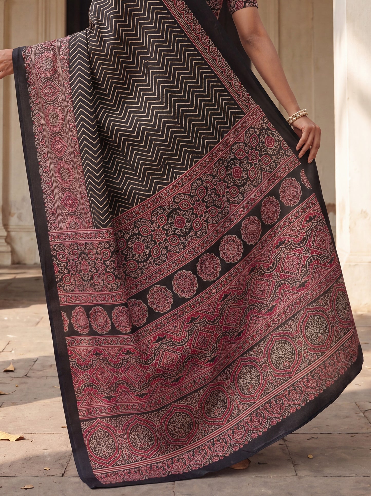 Women's Satin Black Printed Designer Saree With Blouse Piece