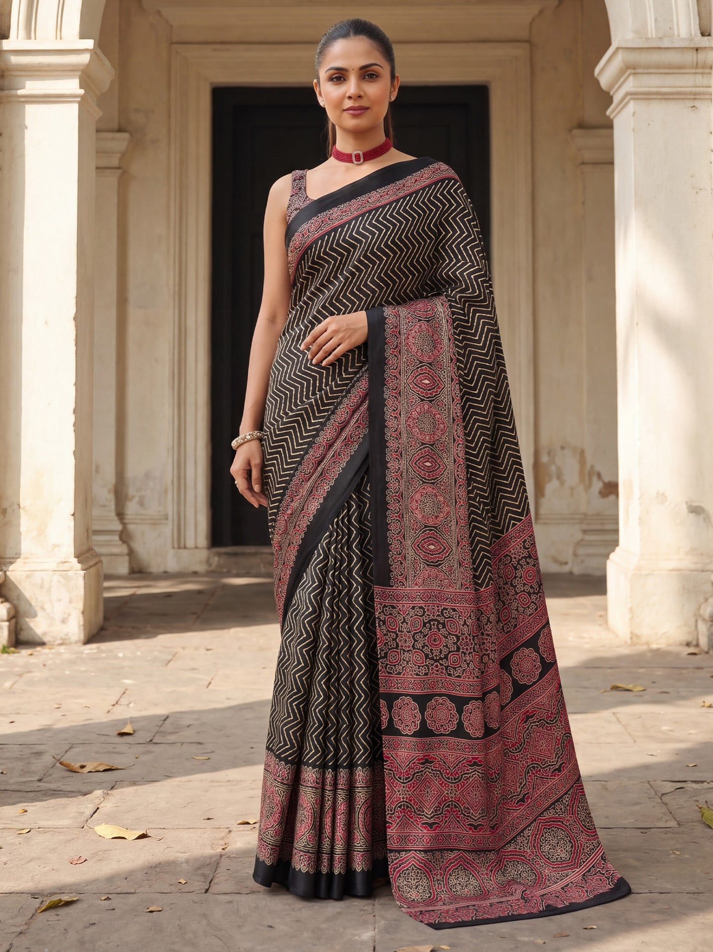 Women's Satin Black Printed Designer Saree With Blouse Piece