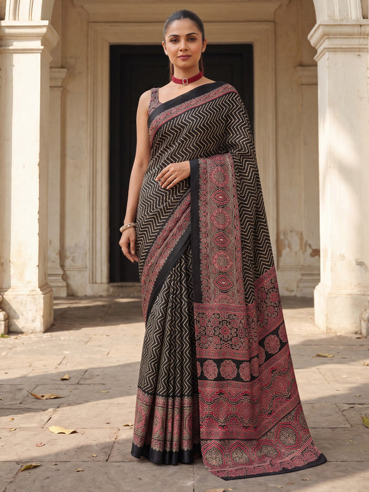 Women's Satin Black Printed Designer Saree With Blouse Piece