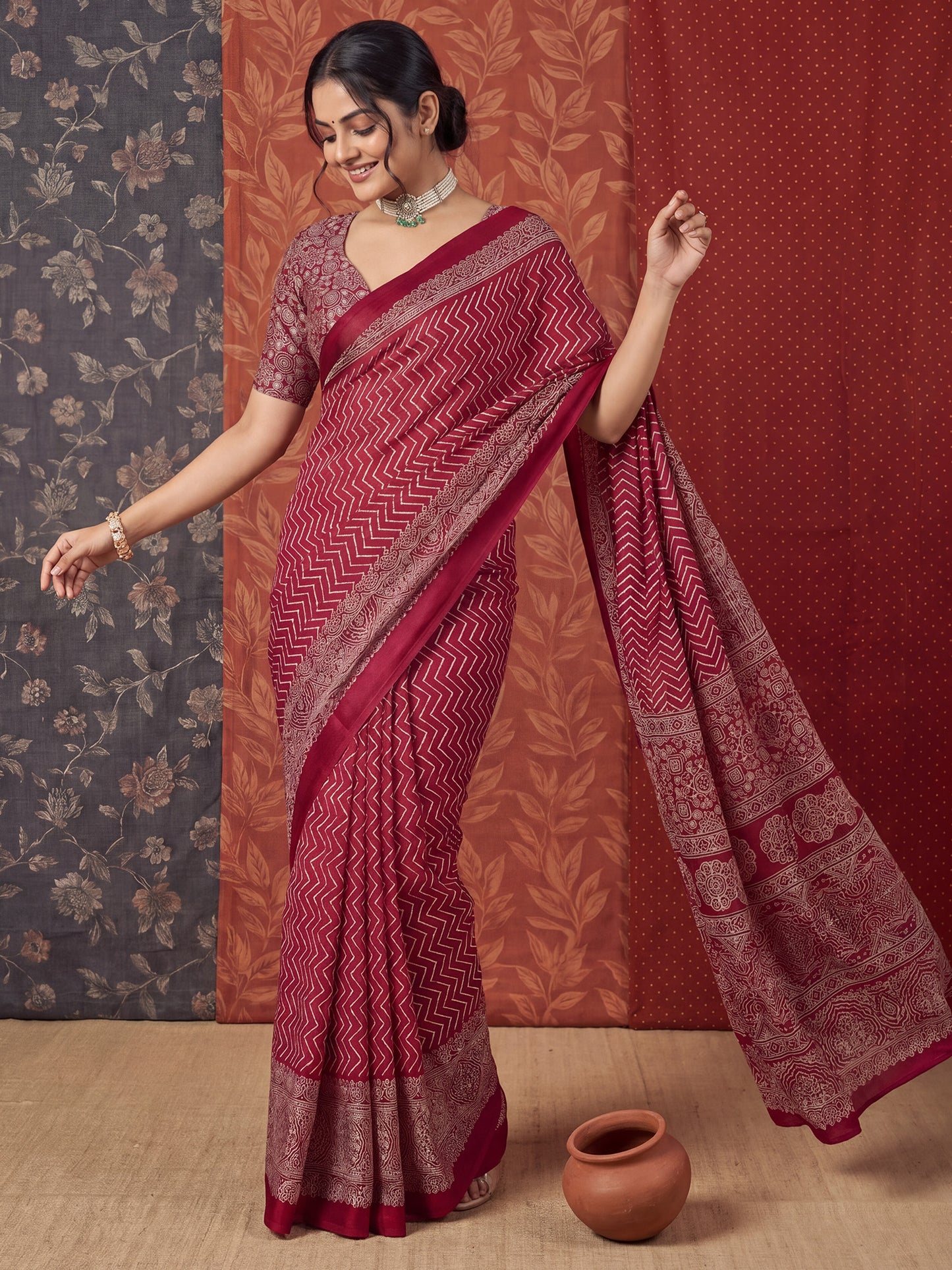 Women's Satin Maroon Printed Designer Saree With Blouse Piece