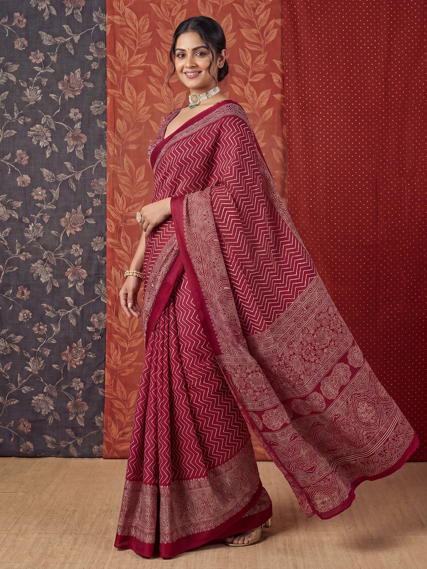 Women's Satin Maroon Printed Designer Saree With Blouse Piece