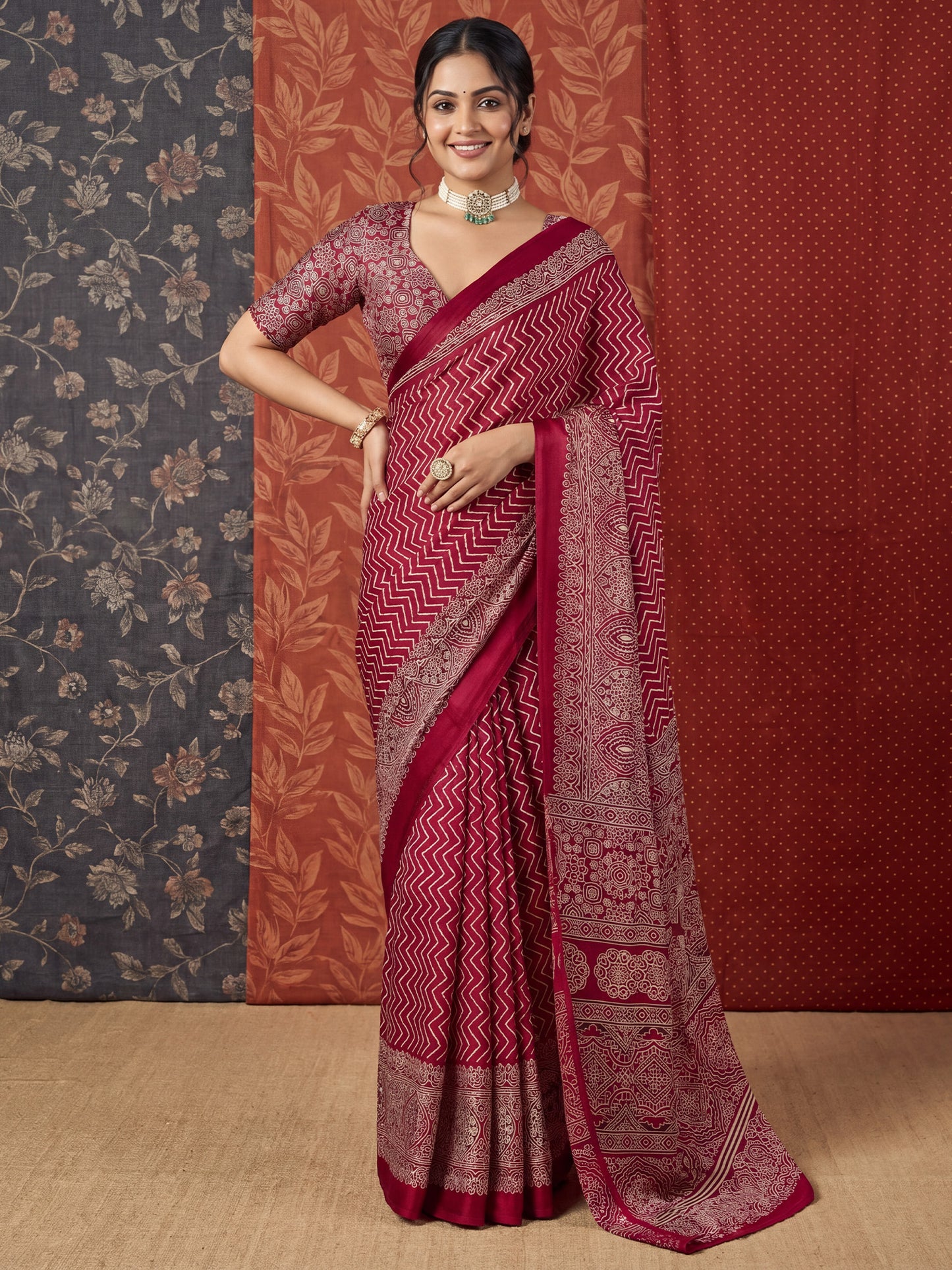 Women's Satin Maroon Printed Designer Saree With Blouse Piece