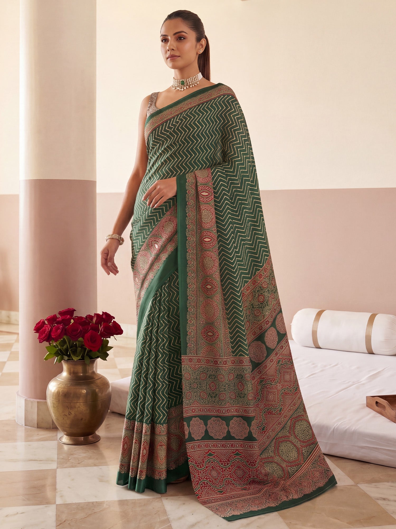 Women's Satin Green Printed Designer Saree With Blouse Piece