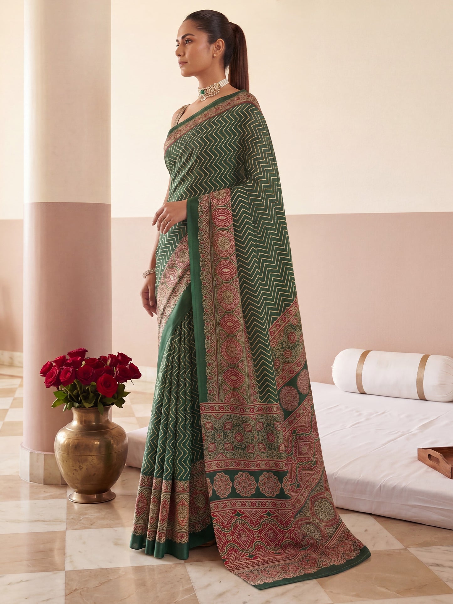 Women's Satin Green Printed Designer Saree With Blouse Piece