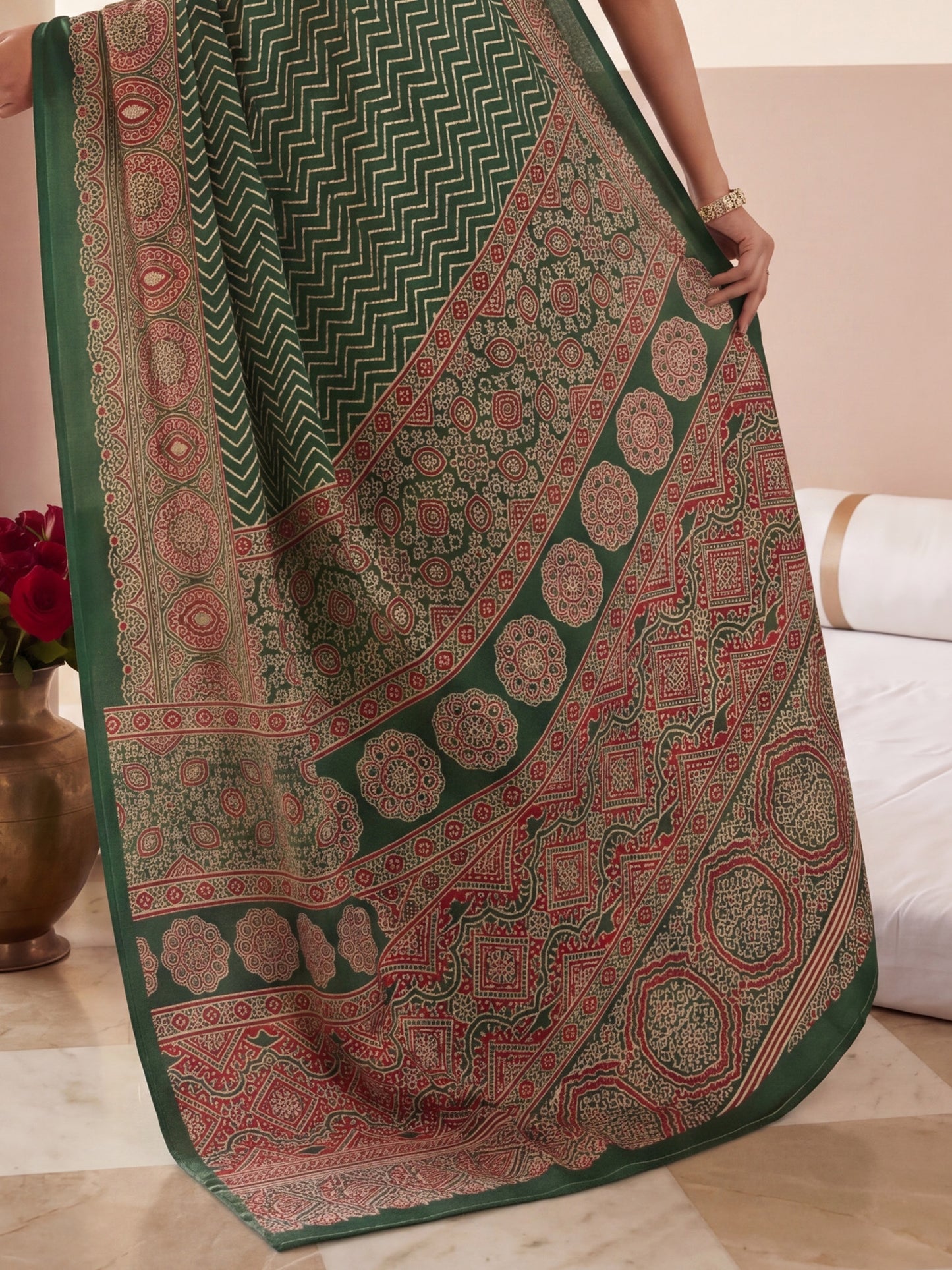 Women's Satin Green Printed Designer Saree With Blouse Piece