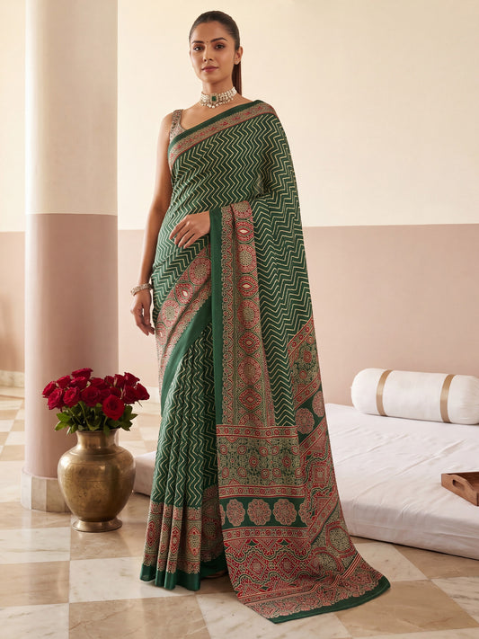 Women's Satin Green Printed Designer Saree With Blouse Piece