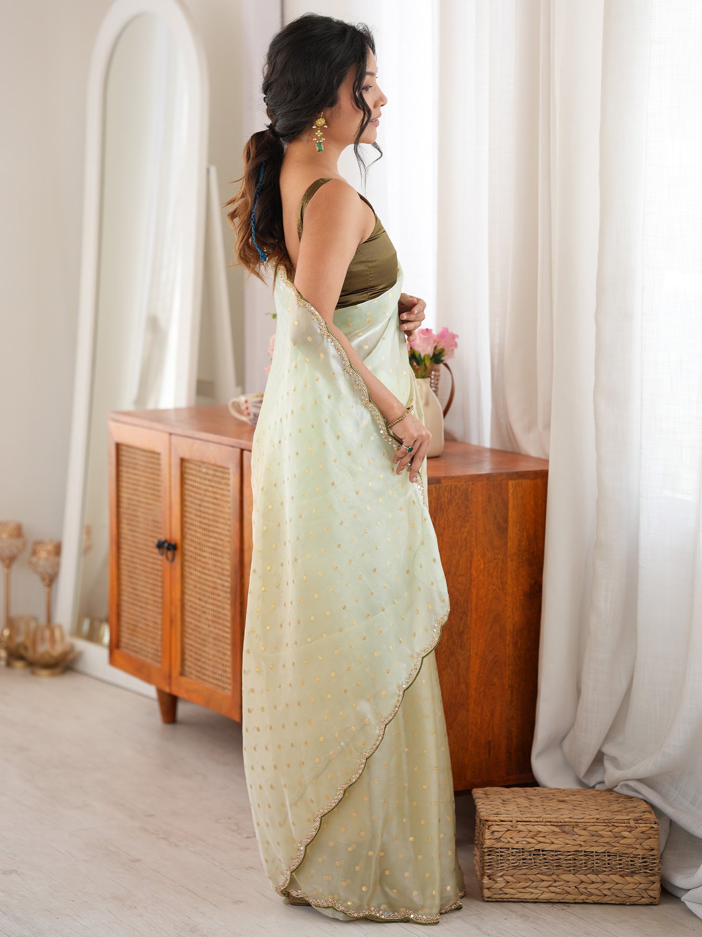 Women's Satin Light Green Woven Design Designer Saree With Blouse Piece