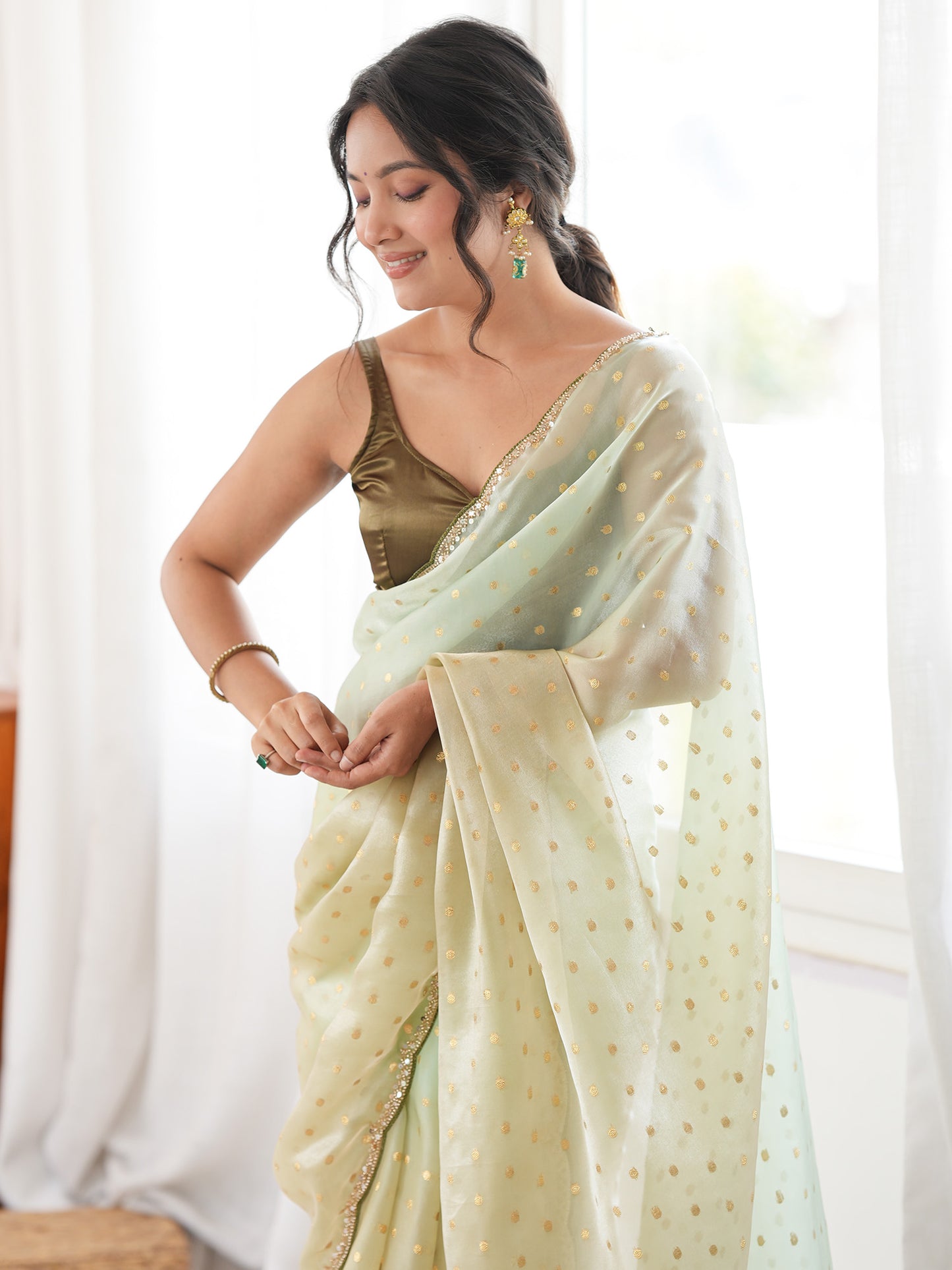 Women's Satin Light Green Woven Design Designer Saree With Blouse Piece