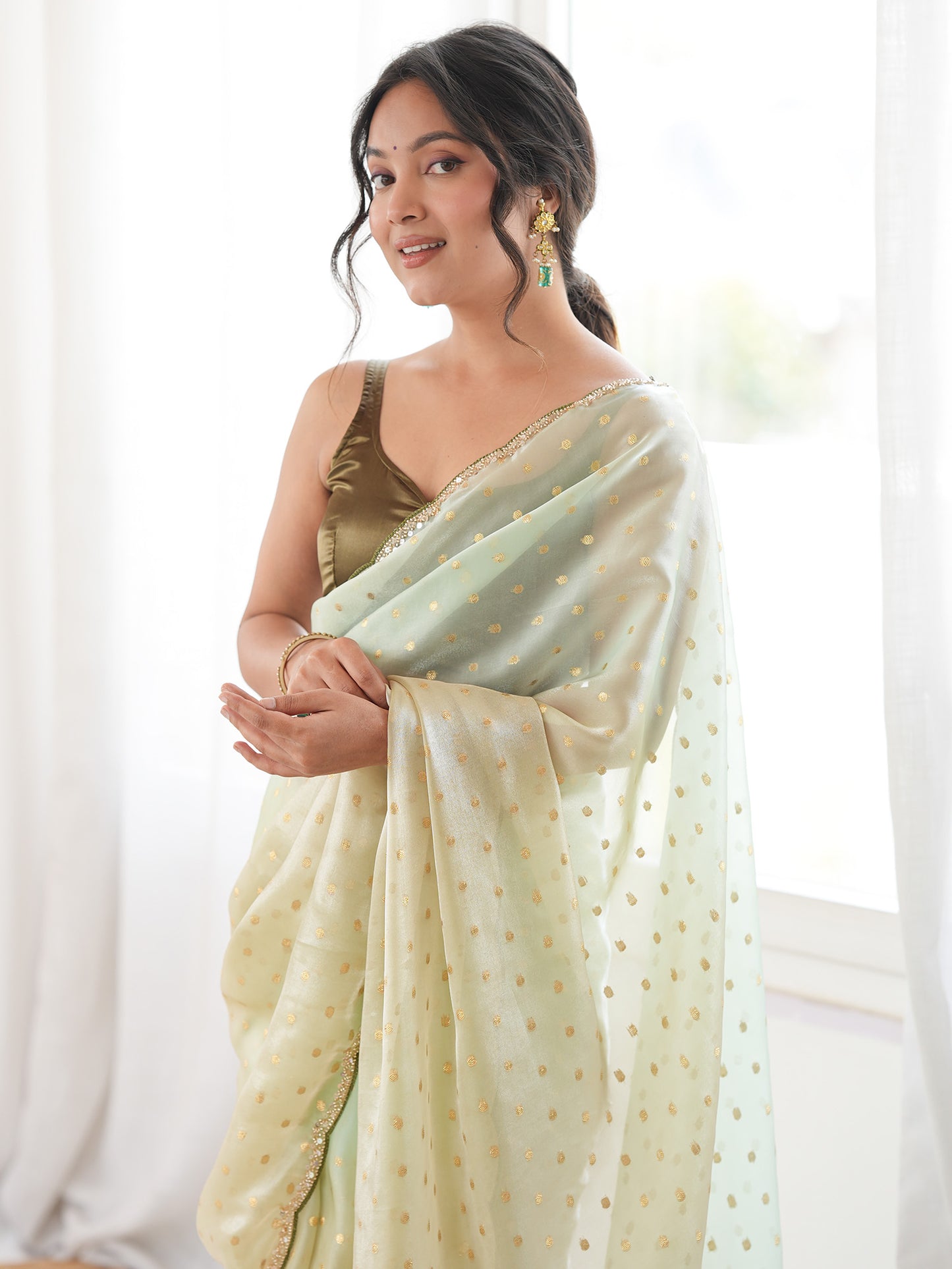 Women's Satin Light Green Woven Design Designer Saree With Blouse Piece