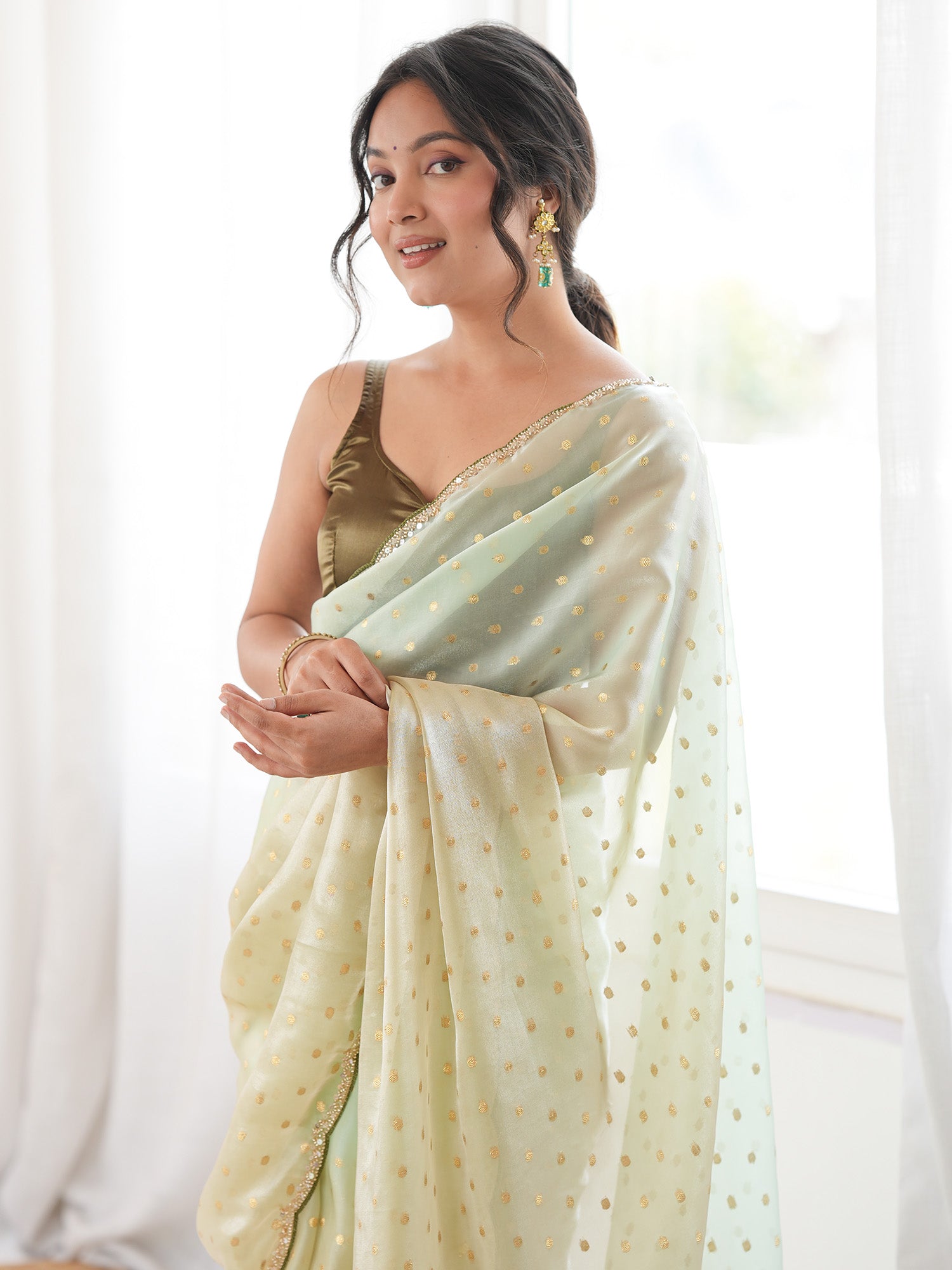 Women's Satin Light Green Woven Design Designer Saree With Blouse Piece