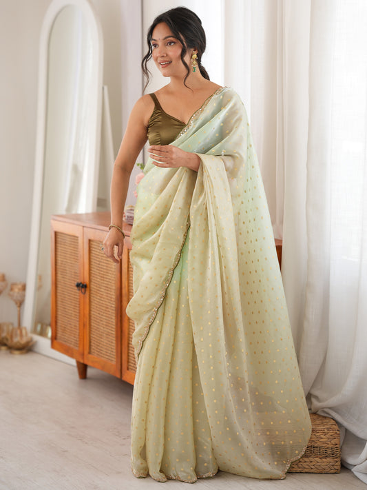 Women's Satin Light Green Woven Design Designer Saree With Blouse Piece