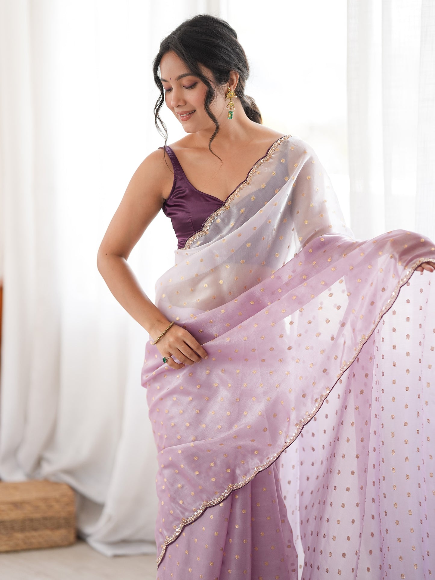 Women's Satin Lavender Woven Design Designer Saree With Blouse Piece