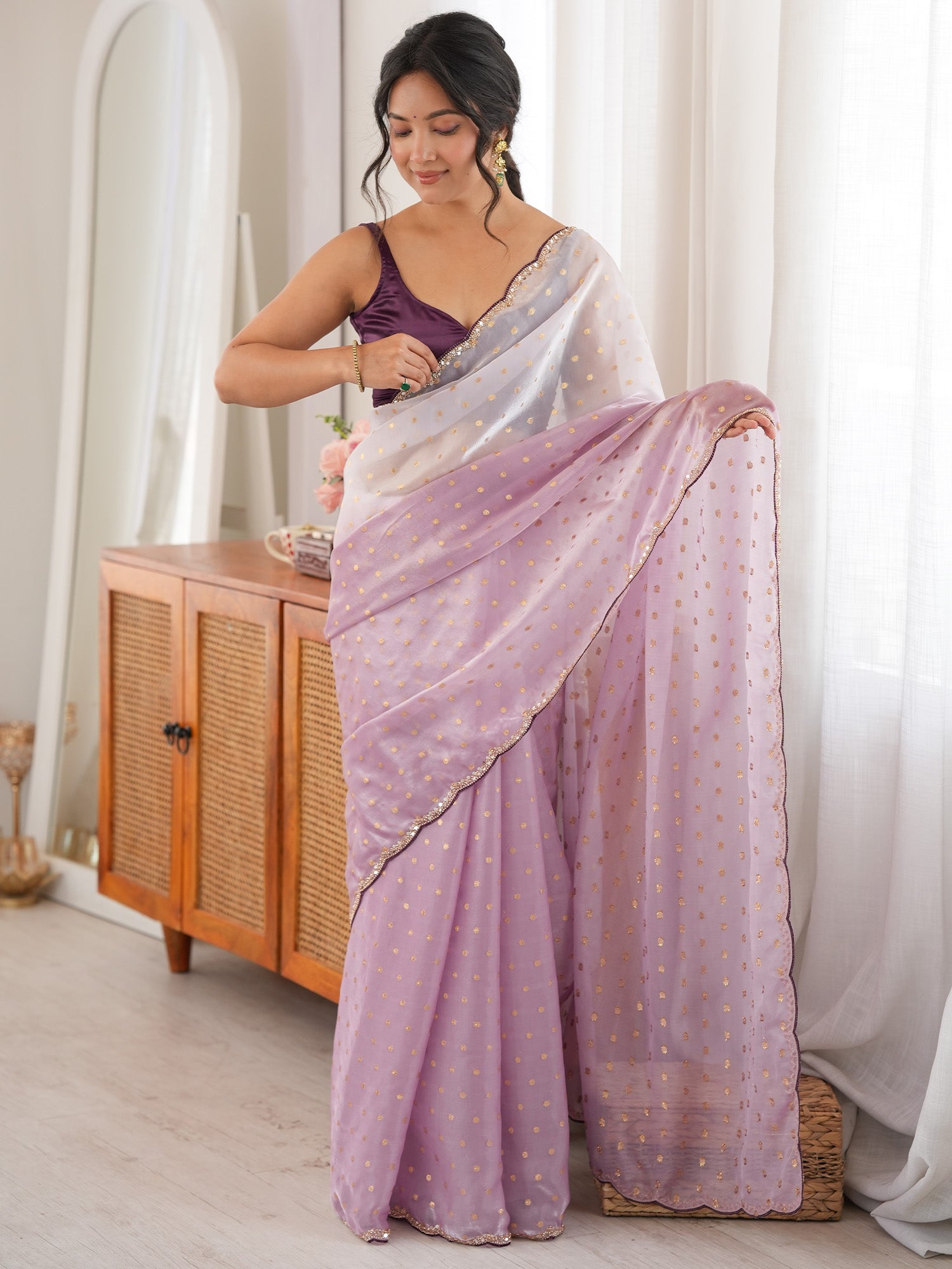Women's Satin Lavender Woven Design Designer Saree With Blouse Piece