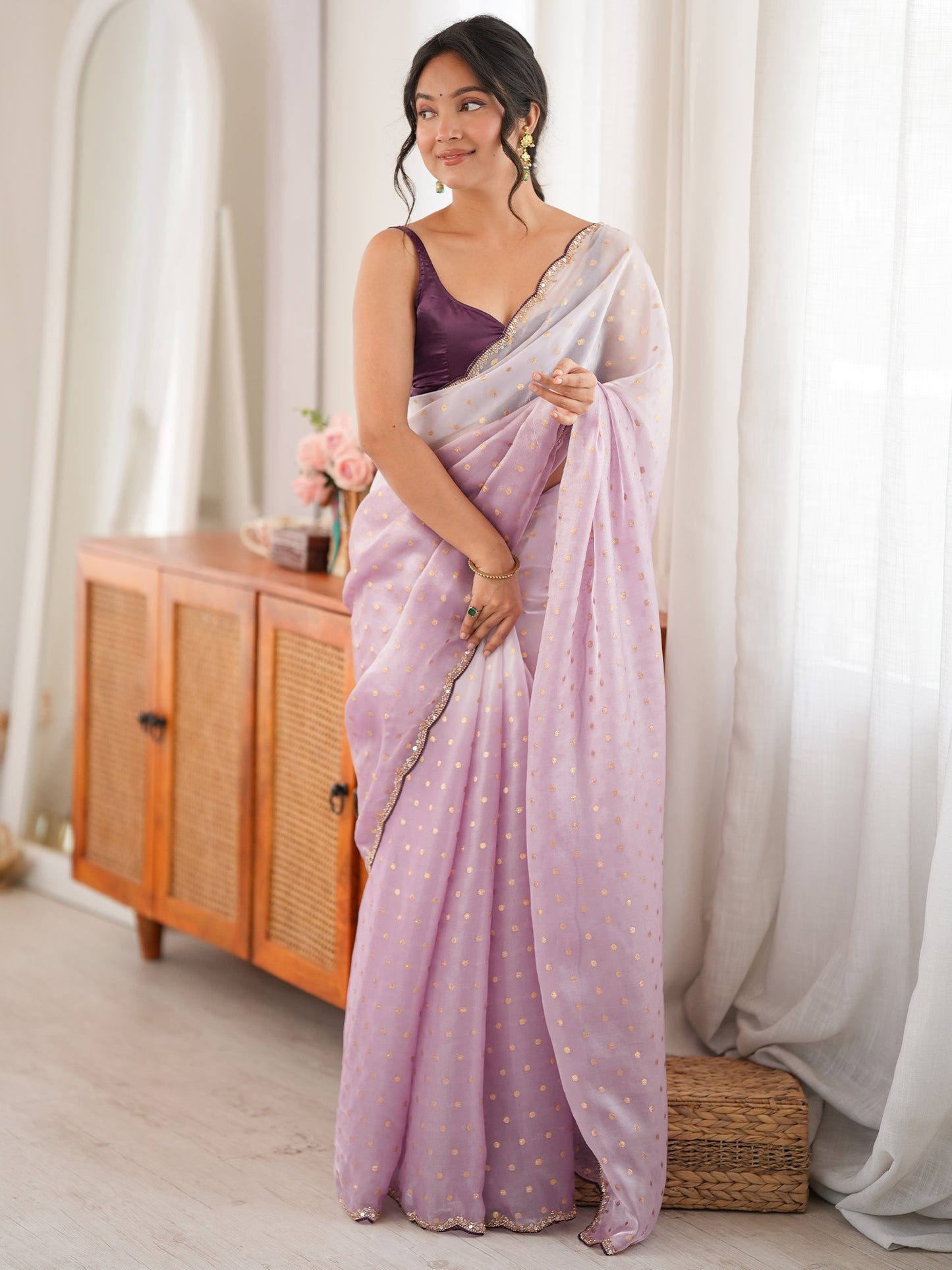 Women's Satin Lavender Woven Design Designer Saree With Blouse Piece