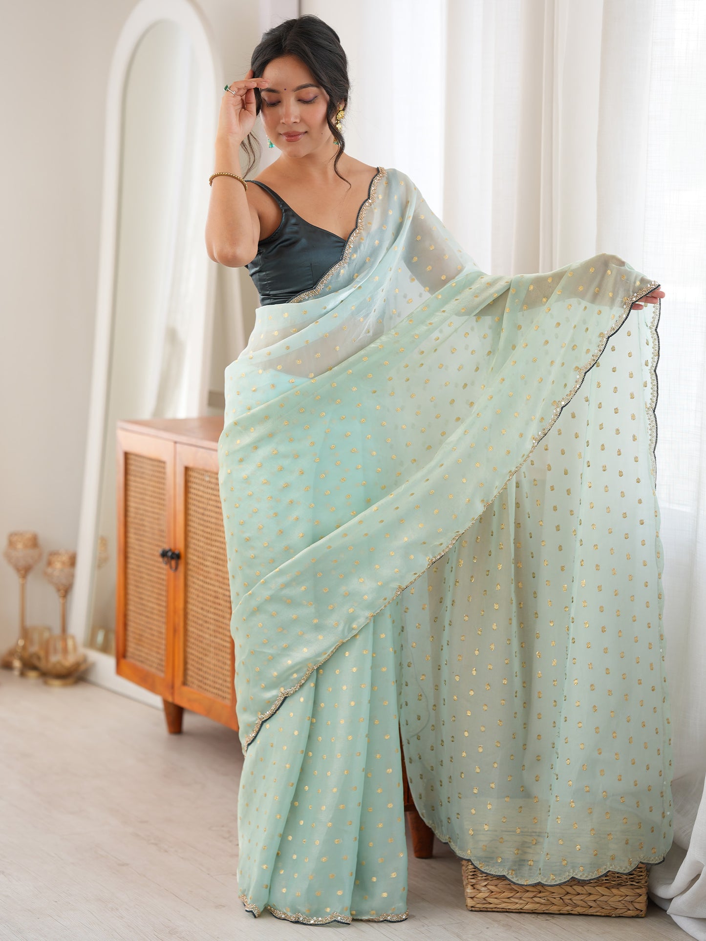 Women's Satin Light Blue Woven Design Designer Saree With Blouse Piece