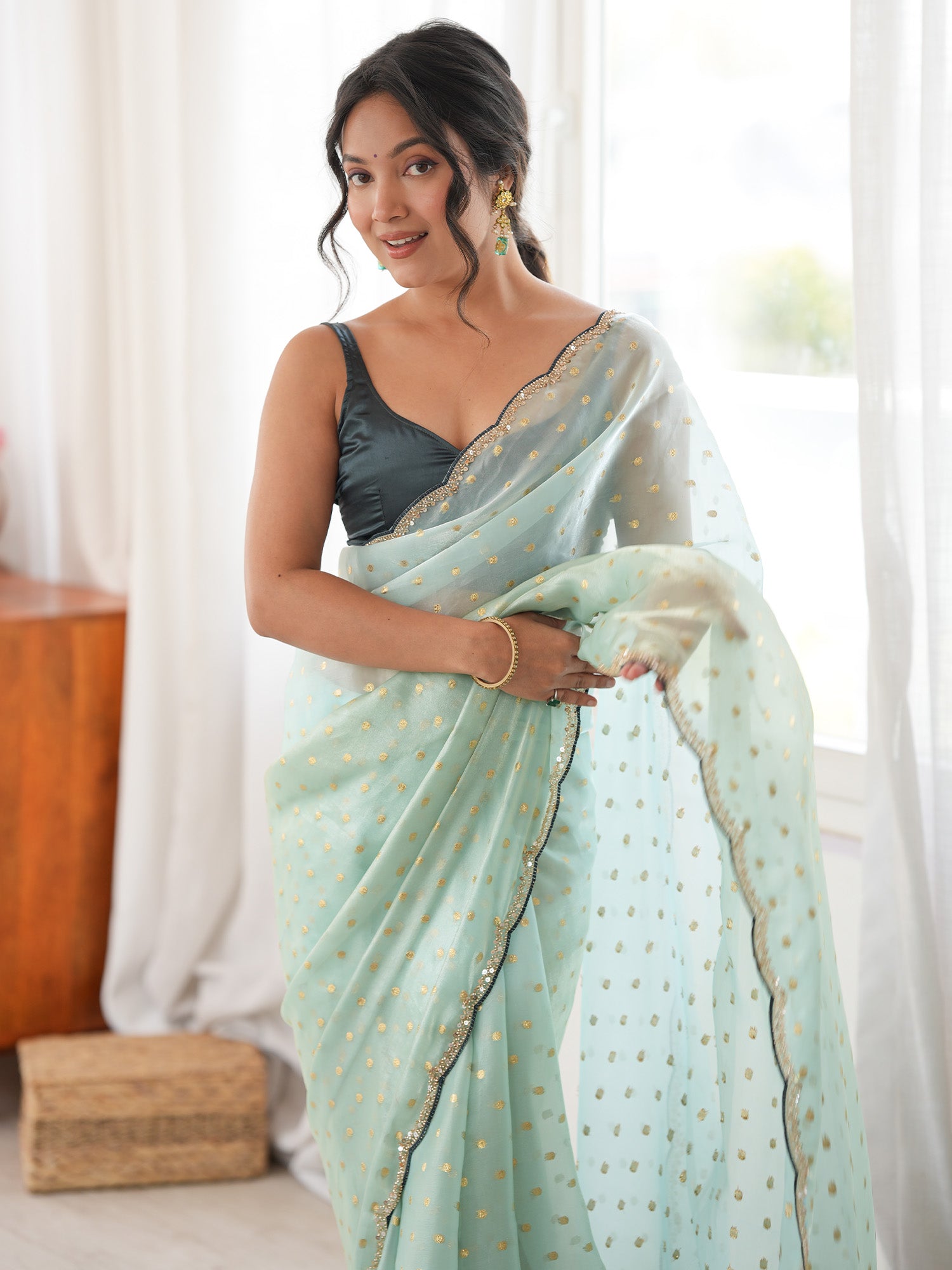 Women's Satin Light Blue Woven Design Designer Saree With Blouse Piece