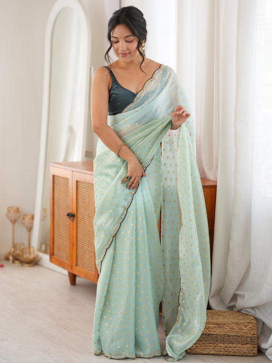 Women's Satin Light Blue Woven Design Designer Saree With Blouse Piece