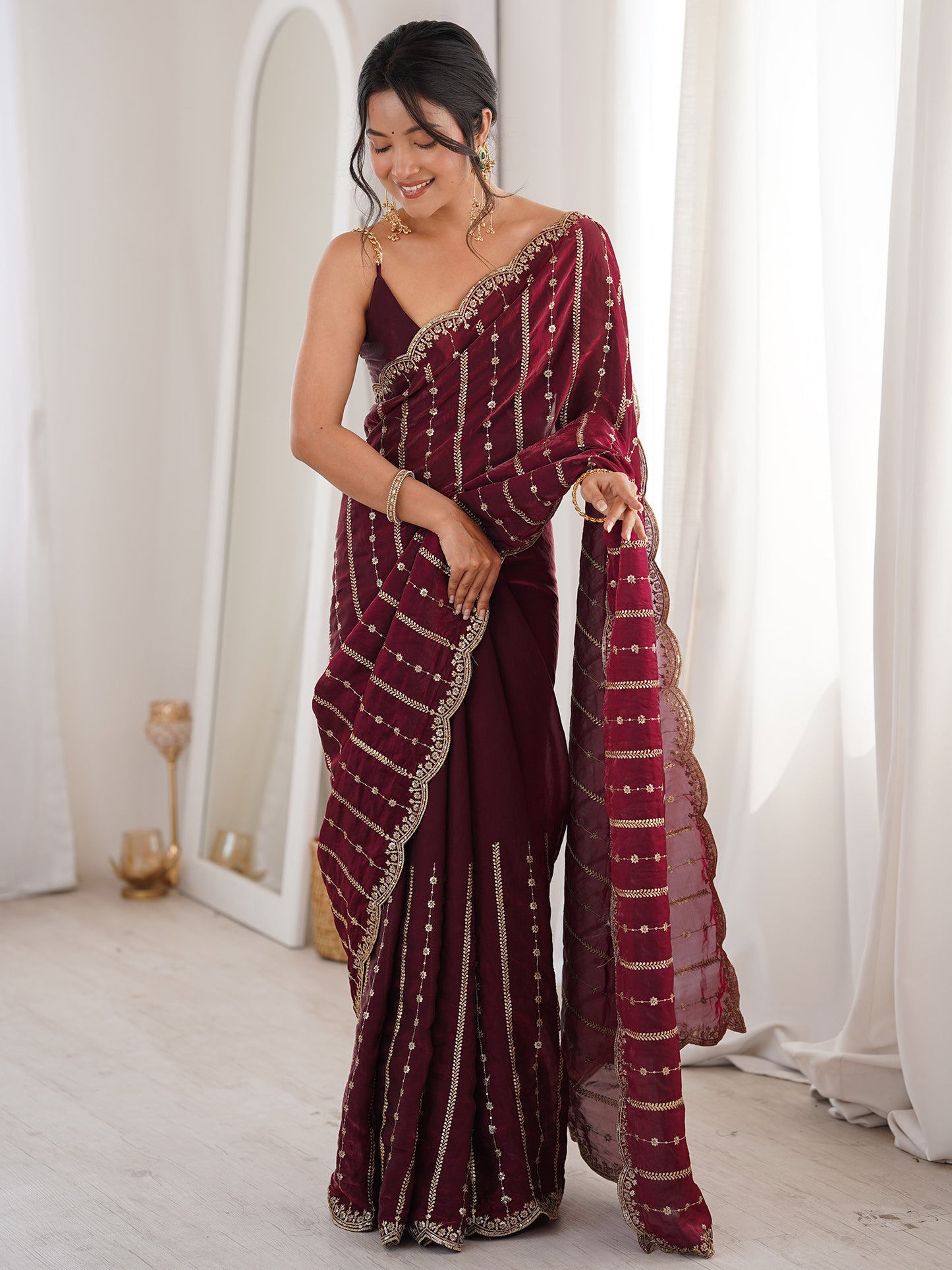 Women's Satin Wine Zari Embroidered Designer Saree With Blouse Piece