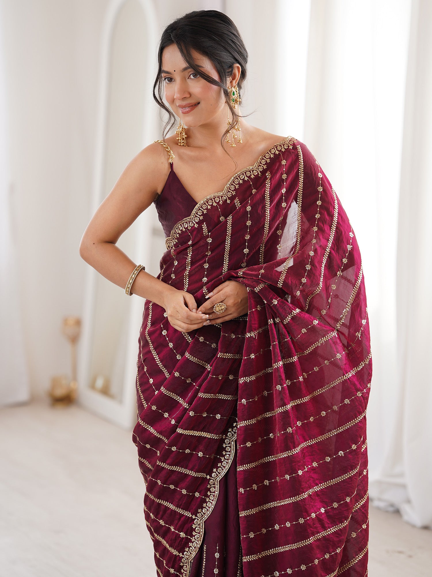 Women's Satin Wine Zari Embroidered Designer Saree With Blouse Piece