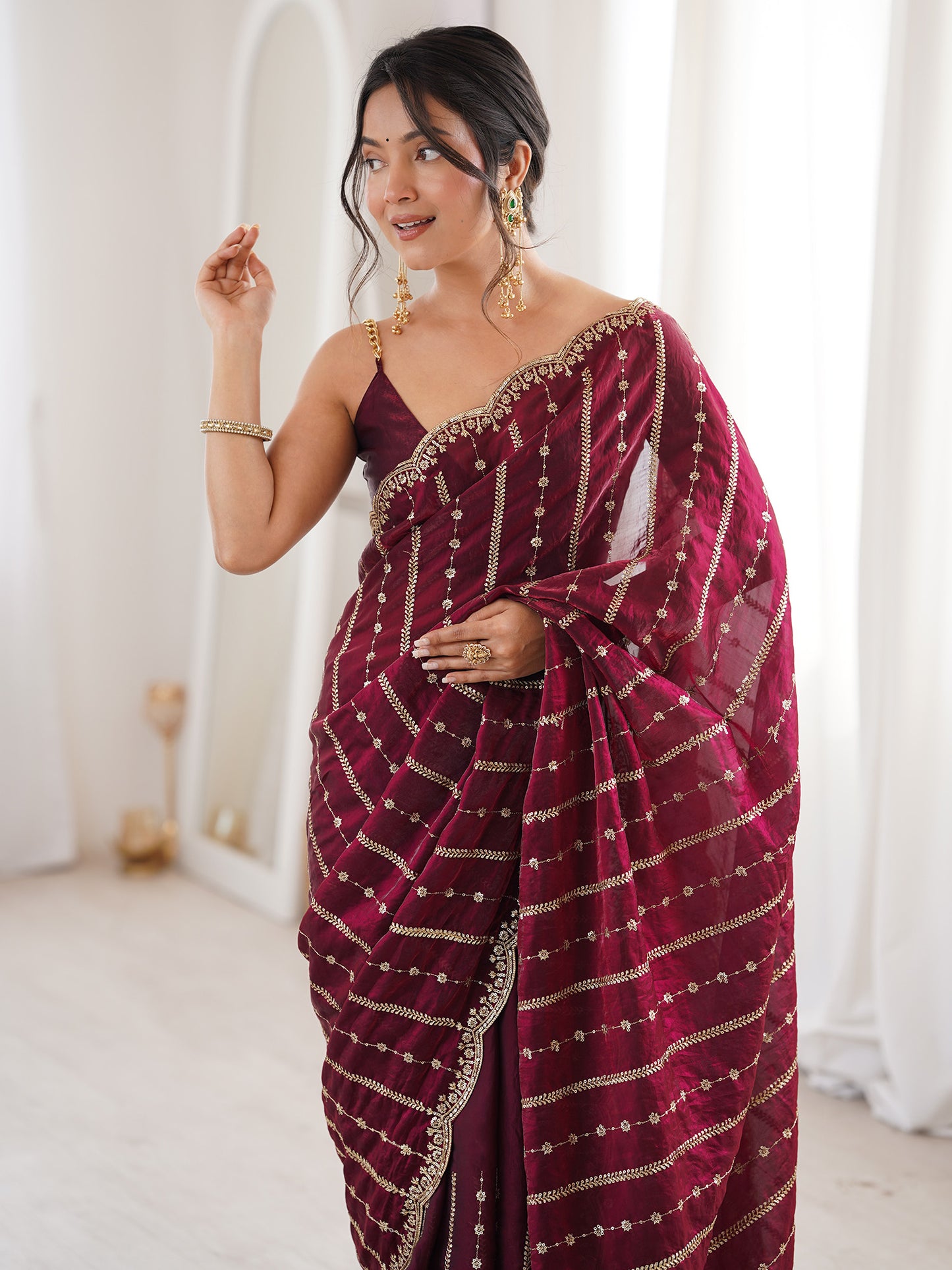Women's Satin Wine Zari Embroidered Designer Saree With Blouse Piece