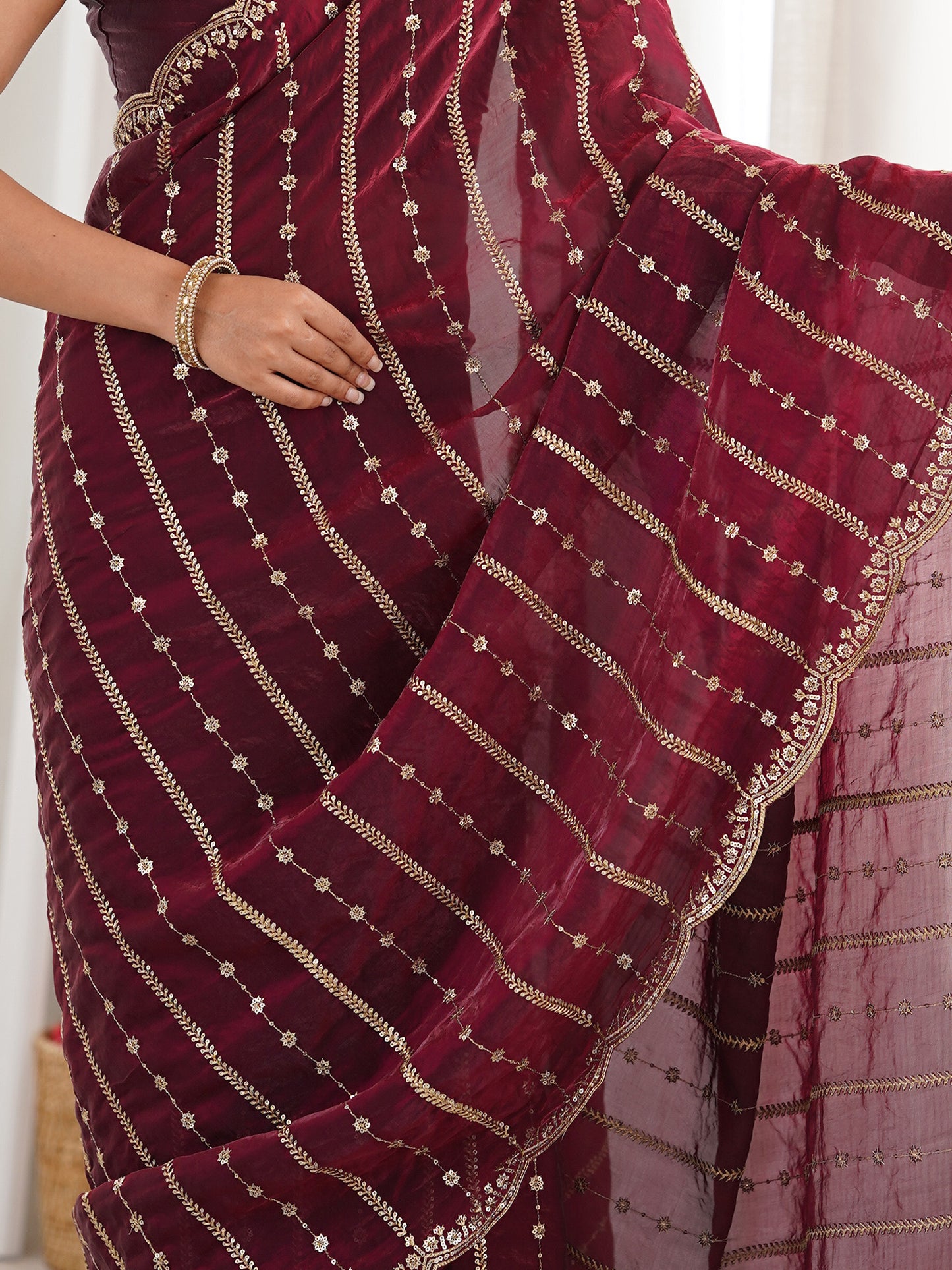 Women's Satin Wine Zari Embroidered Designer Saree With Blouse Piece