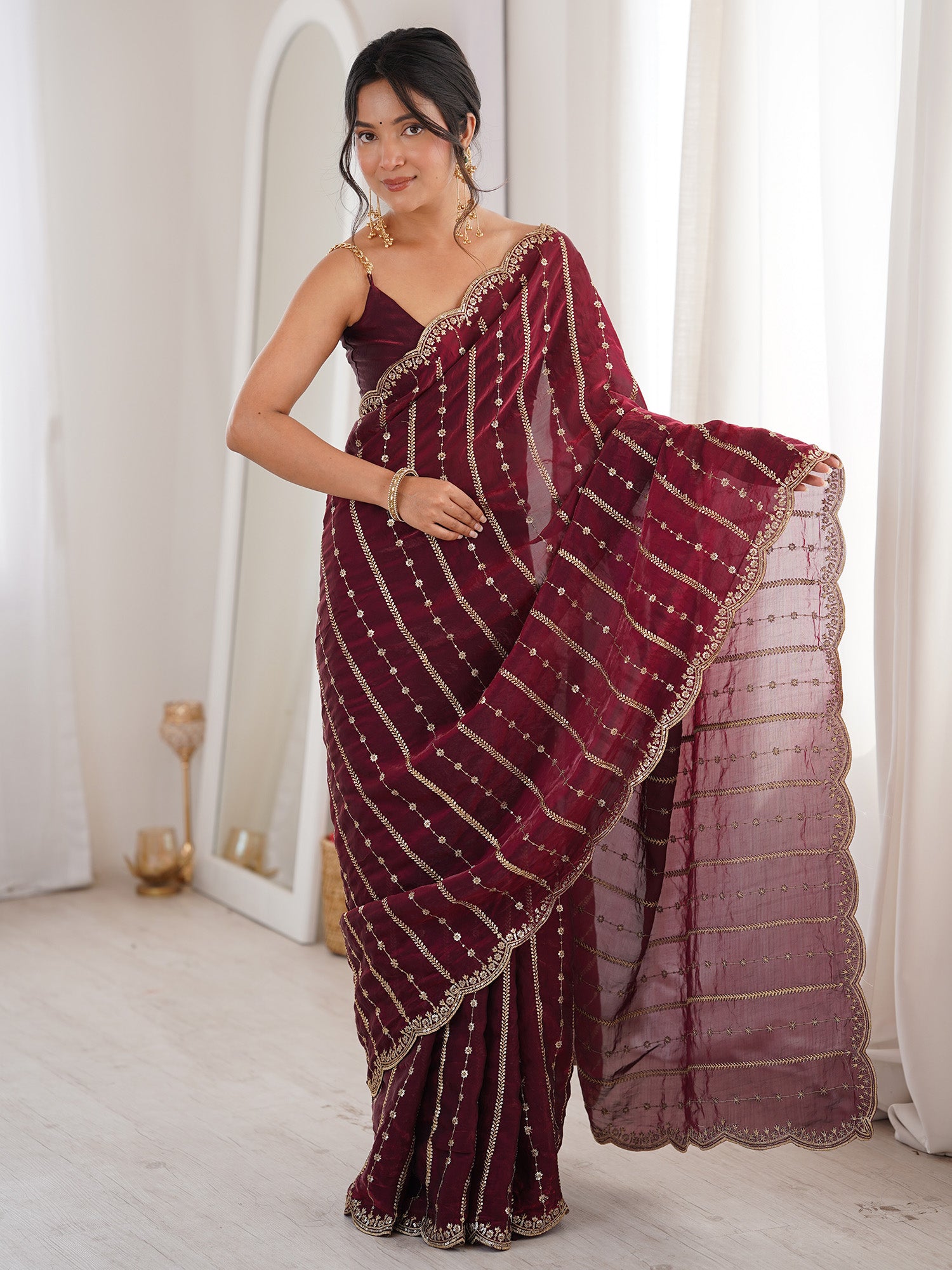 Women's Satin Wine Zari Embroidered Designer Saree With Blouse Piece