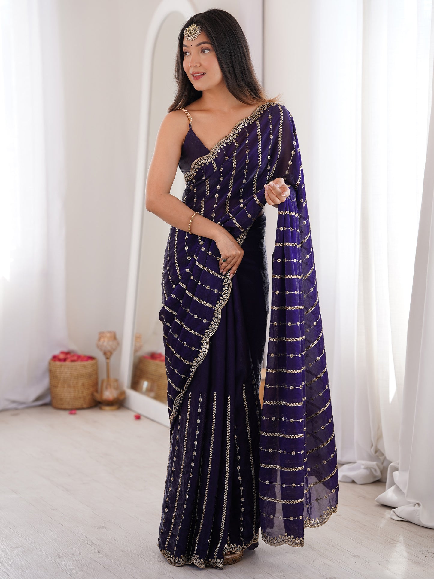 Women's Satin Purple Zari Embroidered Designer Saree With Blouse Piece