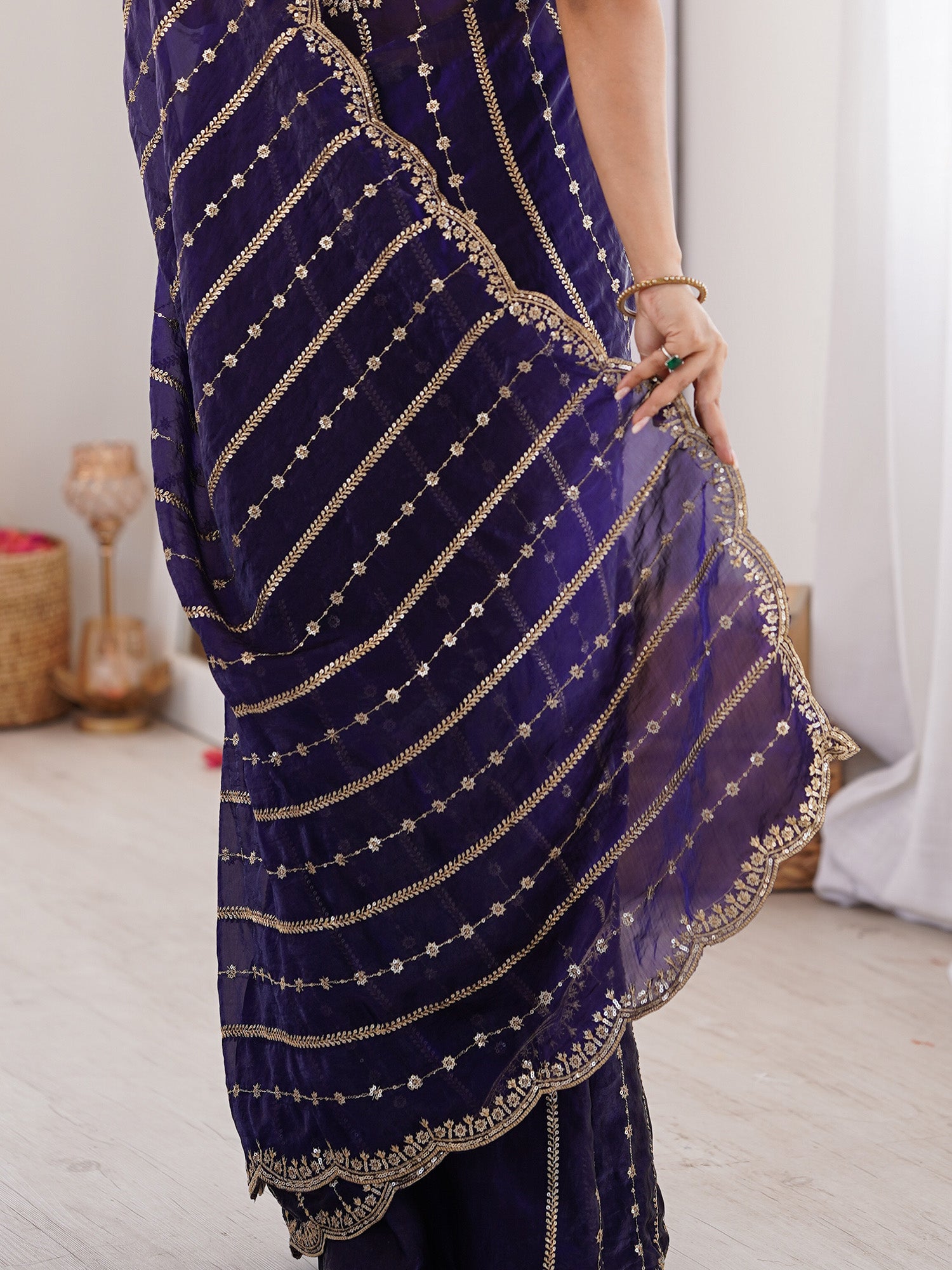 Women's Satin Purple Zari Embroidered Designer Saree With Blouse Piece