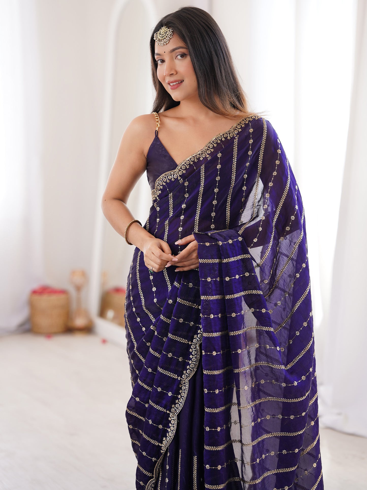 Women's Satin Purple Zari Embroidered Designer Saree With Blouse Piece