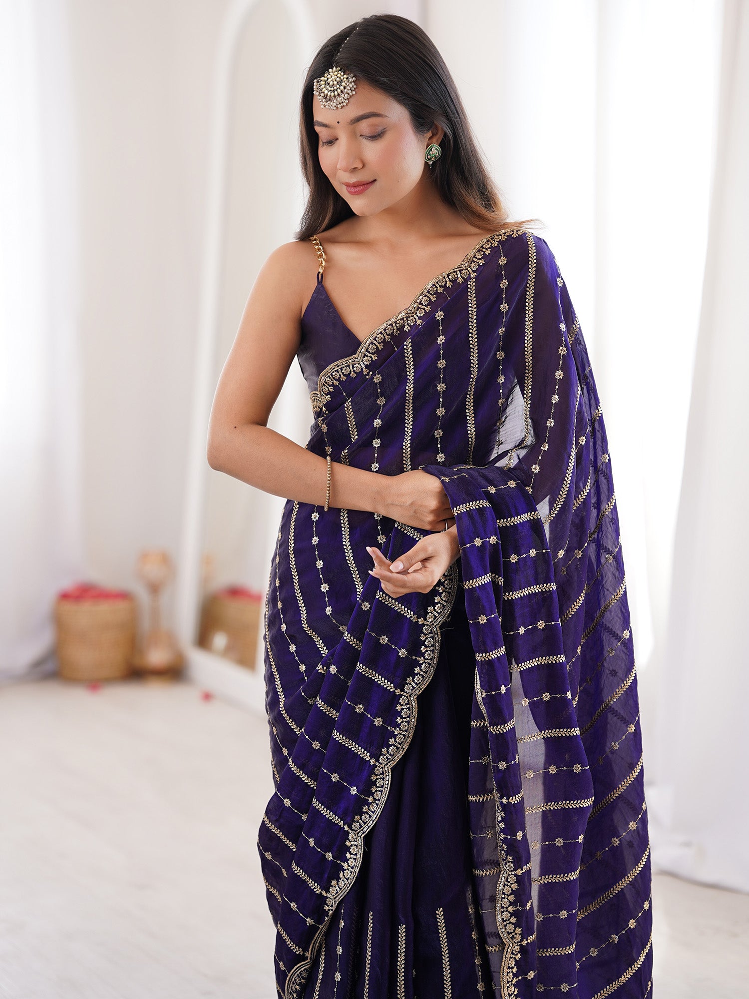 Women's Satin Purple Zari Embroidered Designer Saree With Blouse Piece