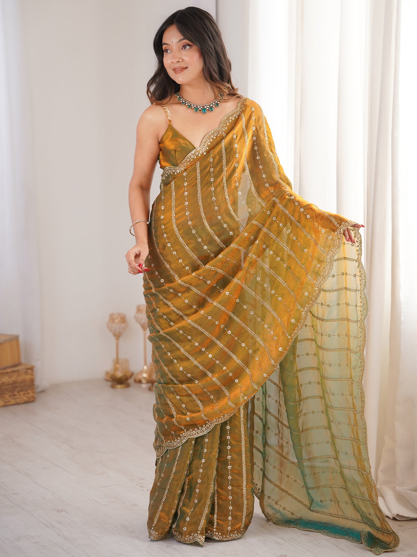 Women's Satin Gold Zari Embroidered Designer Saree With Blouse Piece