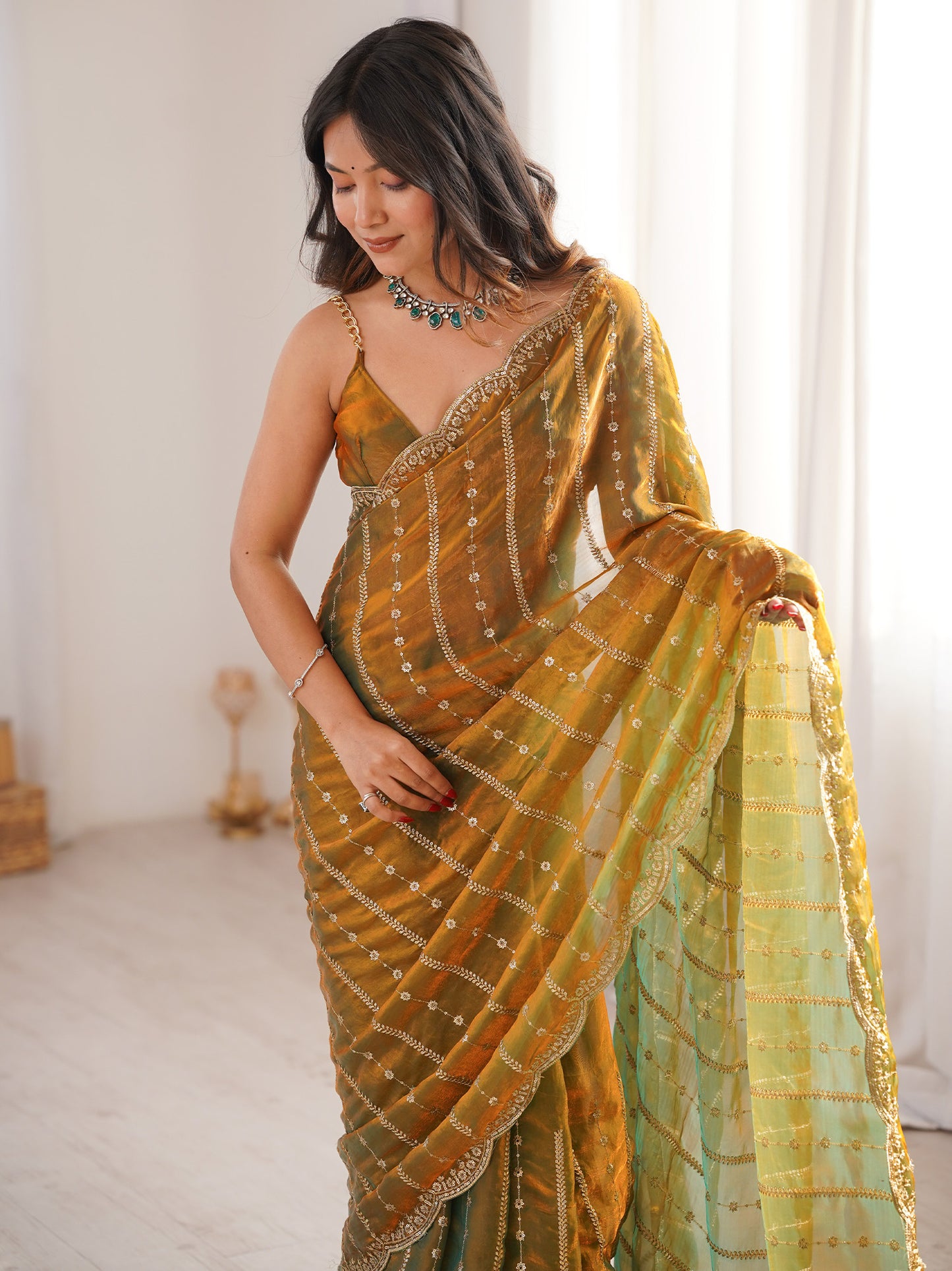 Women's Satin Gold Zari Embroidered Designer Saree With Blouse Piece