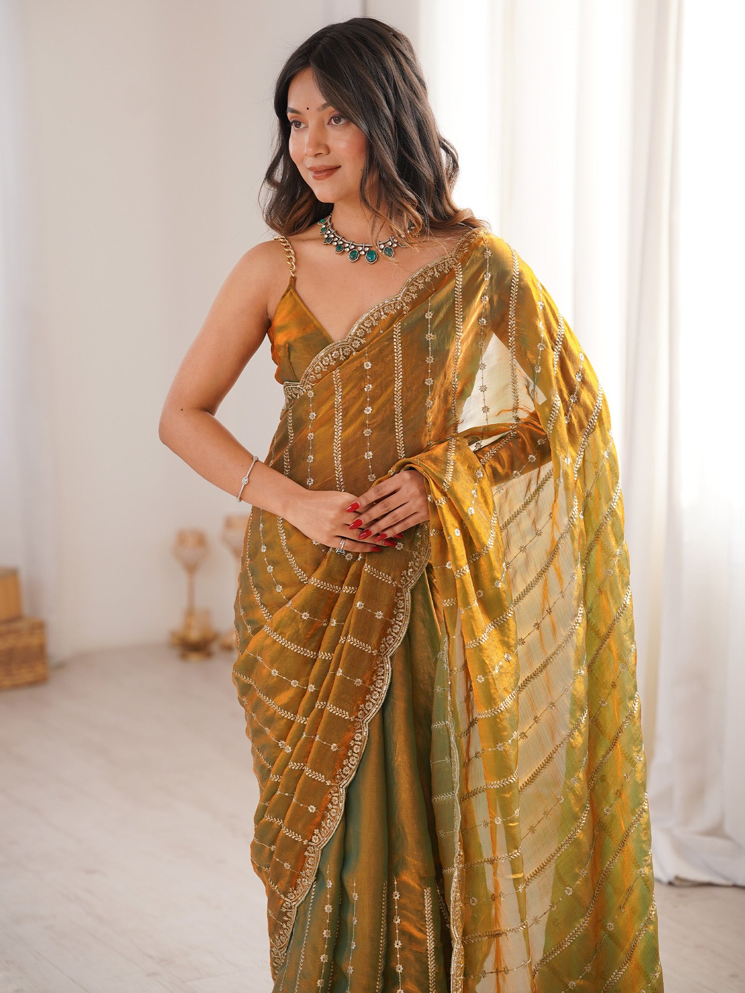Women's Satin Gold Zari Embroidered Designer Saree With Blouse Piece