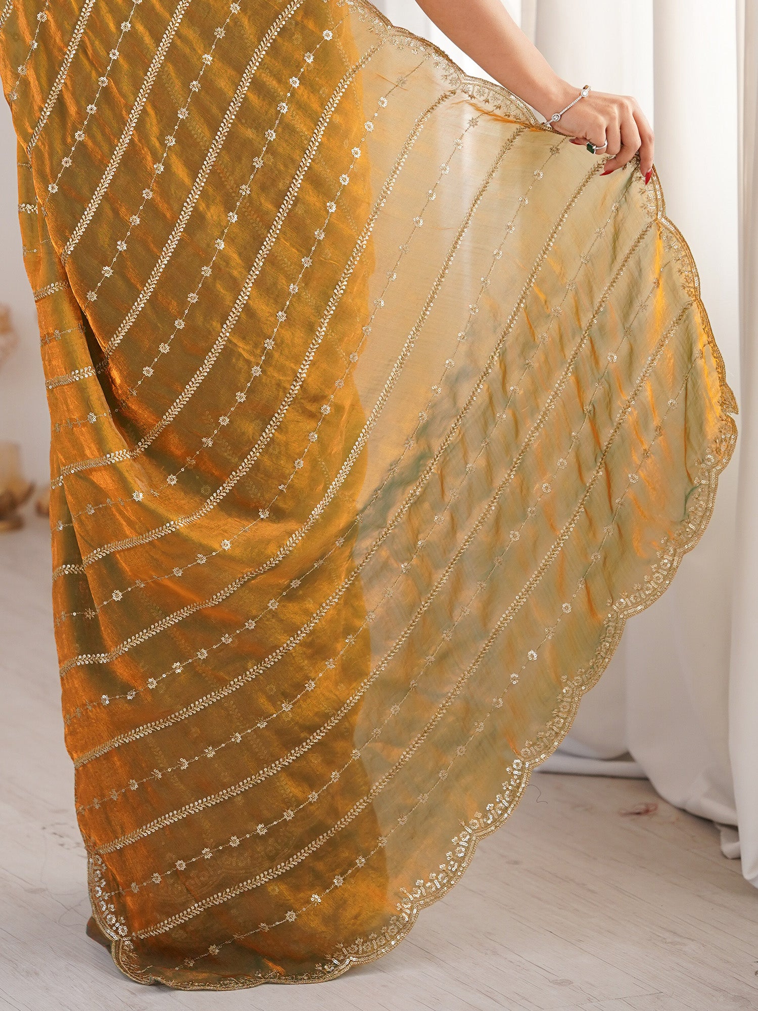 Women's Satin Gold Zari Embroidered Designer Saree With Blouse Piece