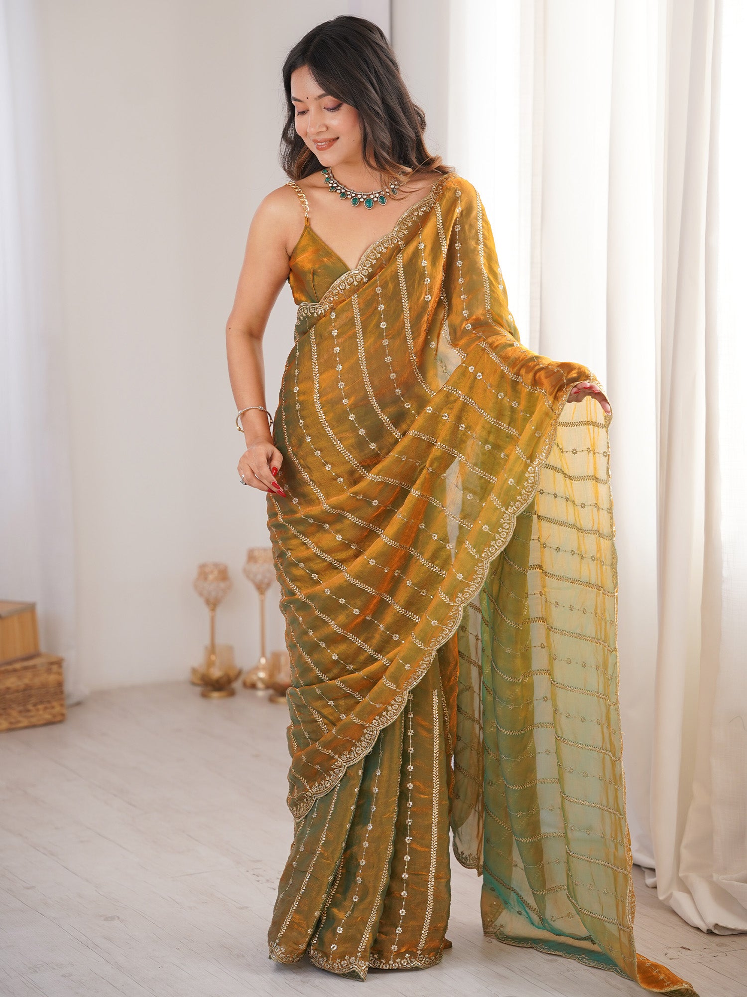 Women's Satin Gold Zari Embroidered Designer Saree With Blouse Piece