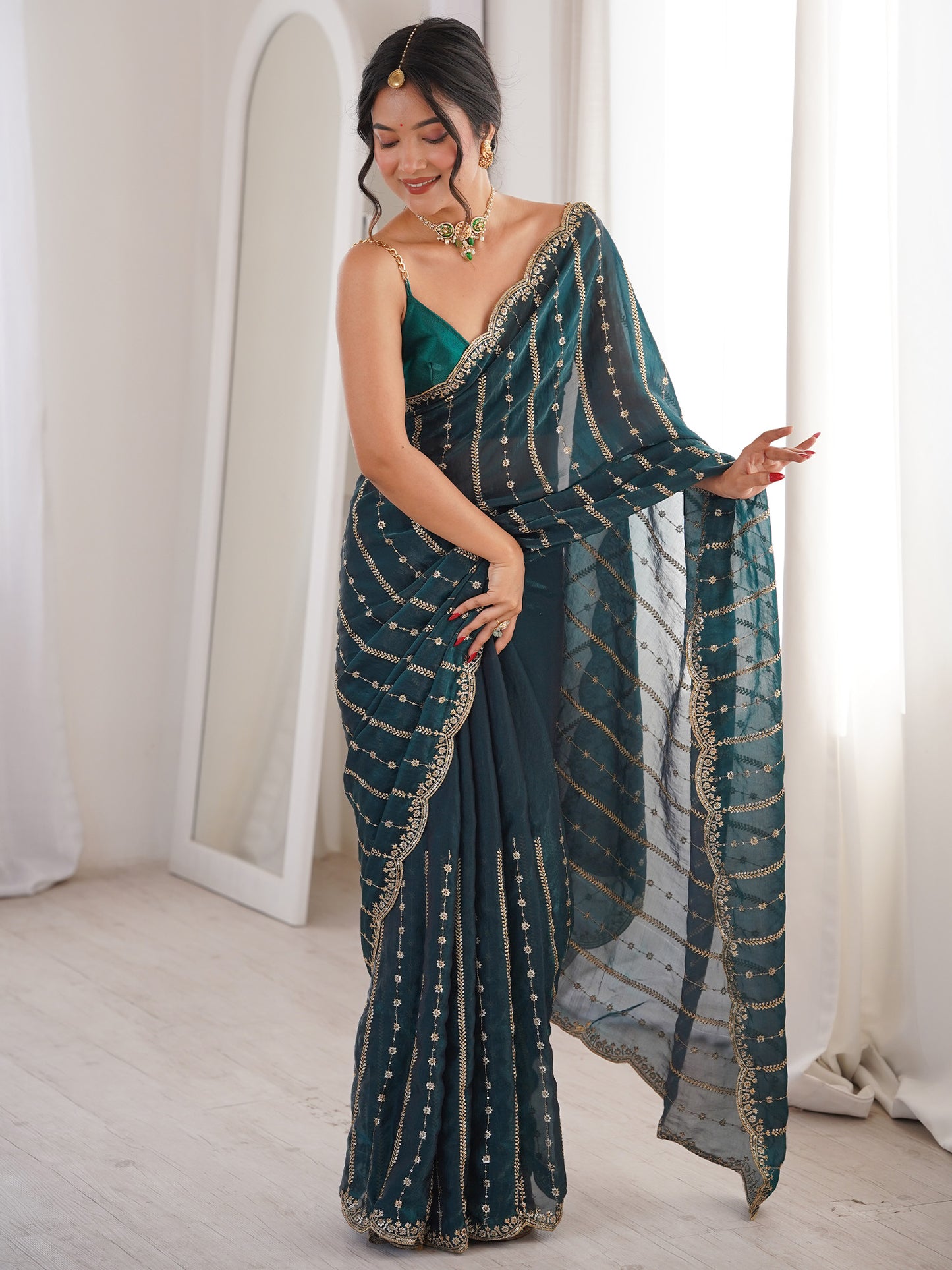 Women's Satin Teal green Zari Embroidered Designer Saree With Blouse Piece
