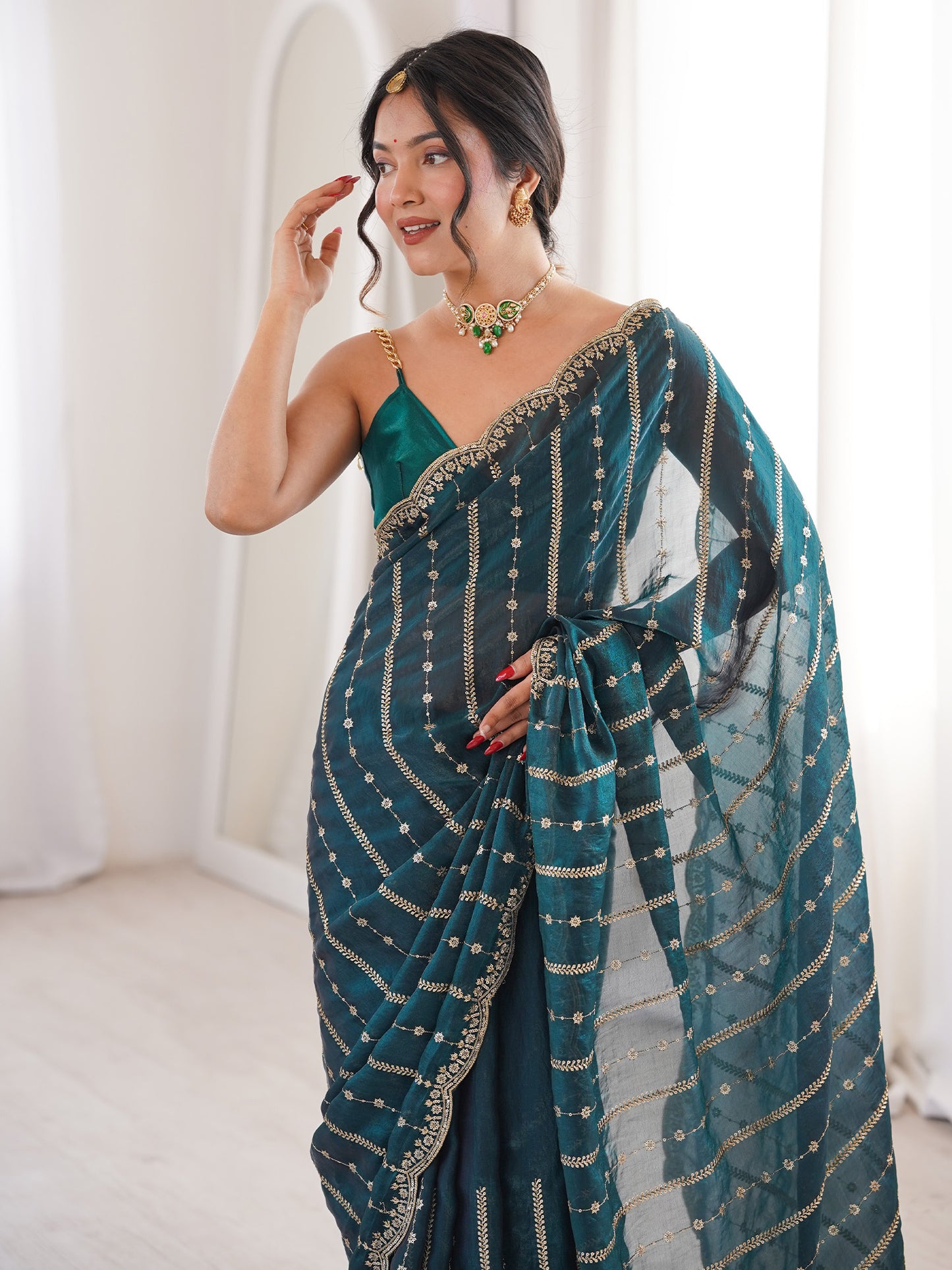 Women's Satin Teal green Zari Embroidered Designer Saree With Blouse Piece
