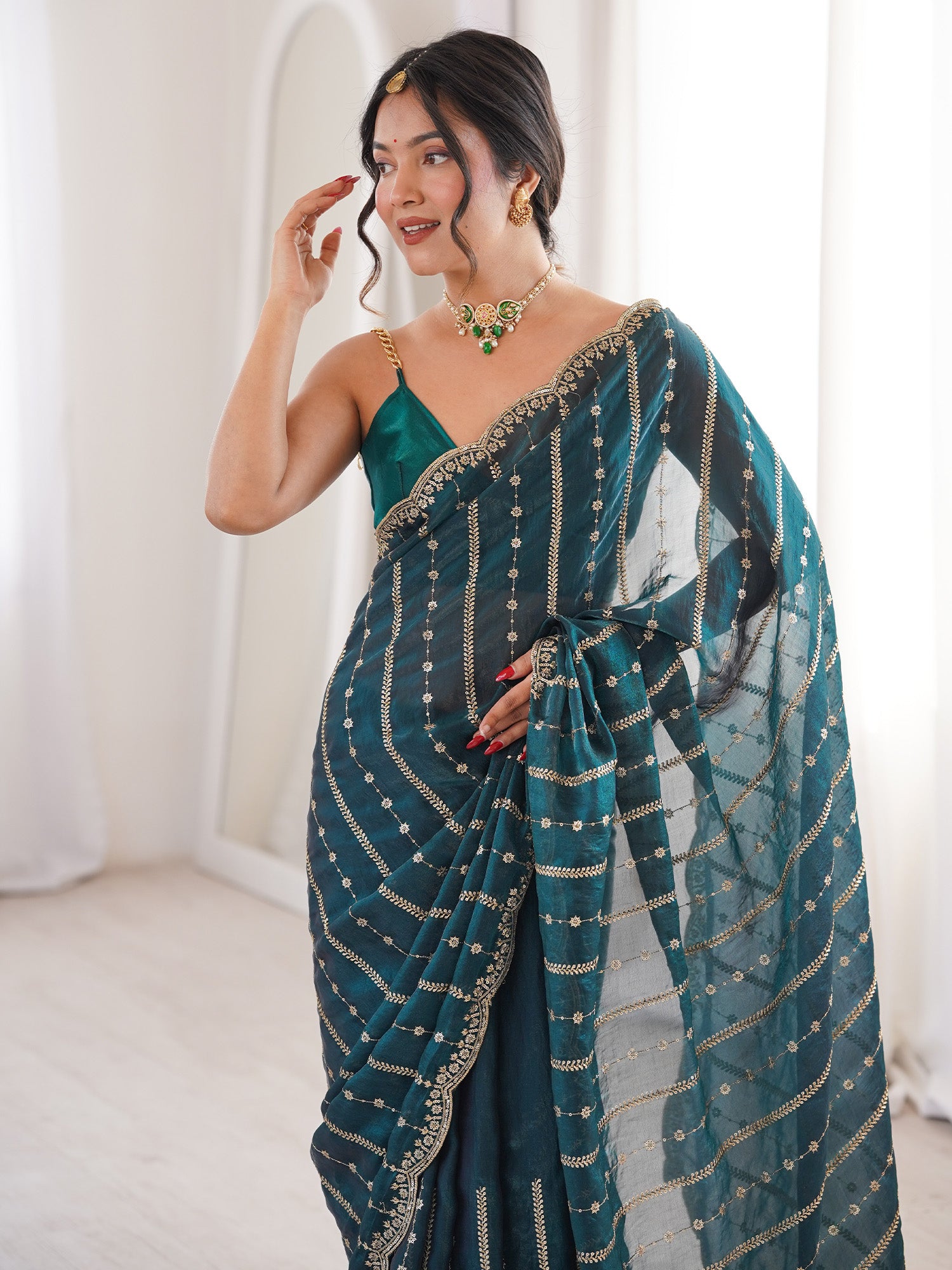 Women's Satin Teal green Zari Embroidered Designer Saree With Blouse Piece