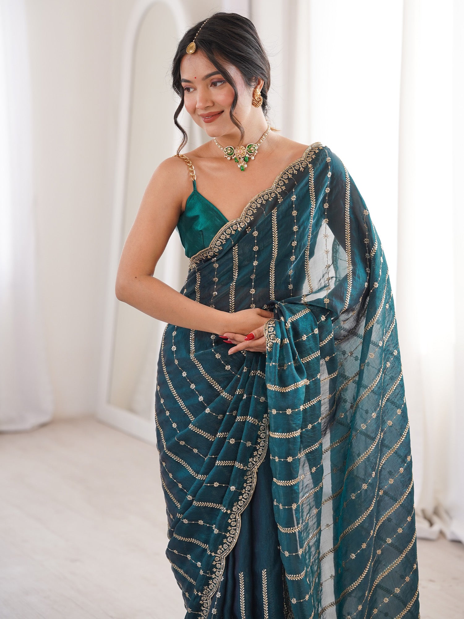 Women's Satin Teal green Zari Embroidered Designer Saree With Blouse Piece