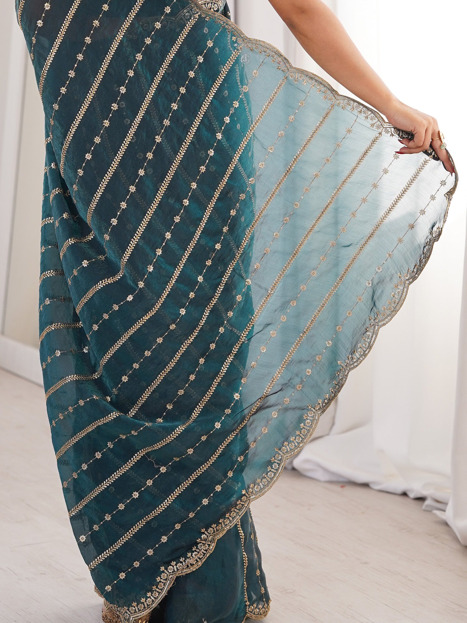 Women's Satin Teal green Zari Embroidered Designer Saree With Blouse Piece