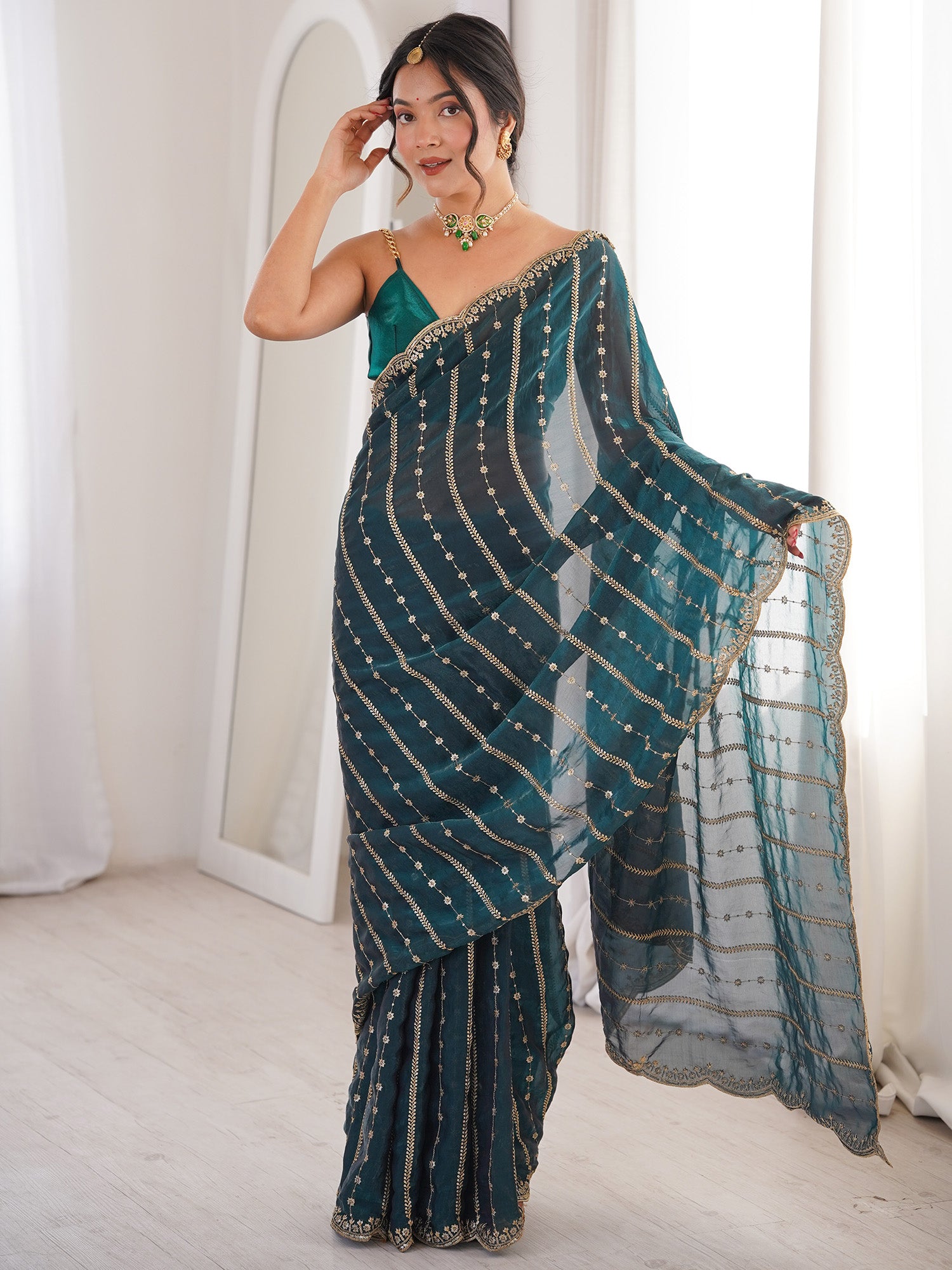 Women's Satin Teal green Zari Embroidered Designer Saree With Blouse Piece