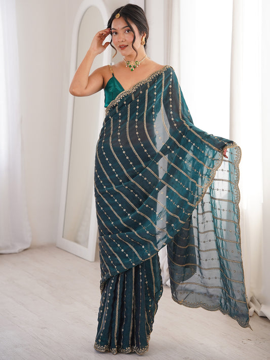 Women's Satin Teal green Zari Embroidered Designer Saree With Blouse Piece