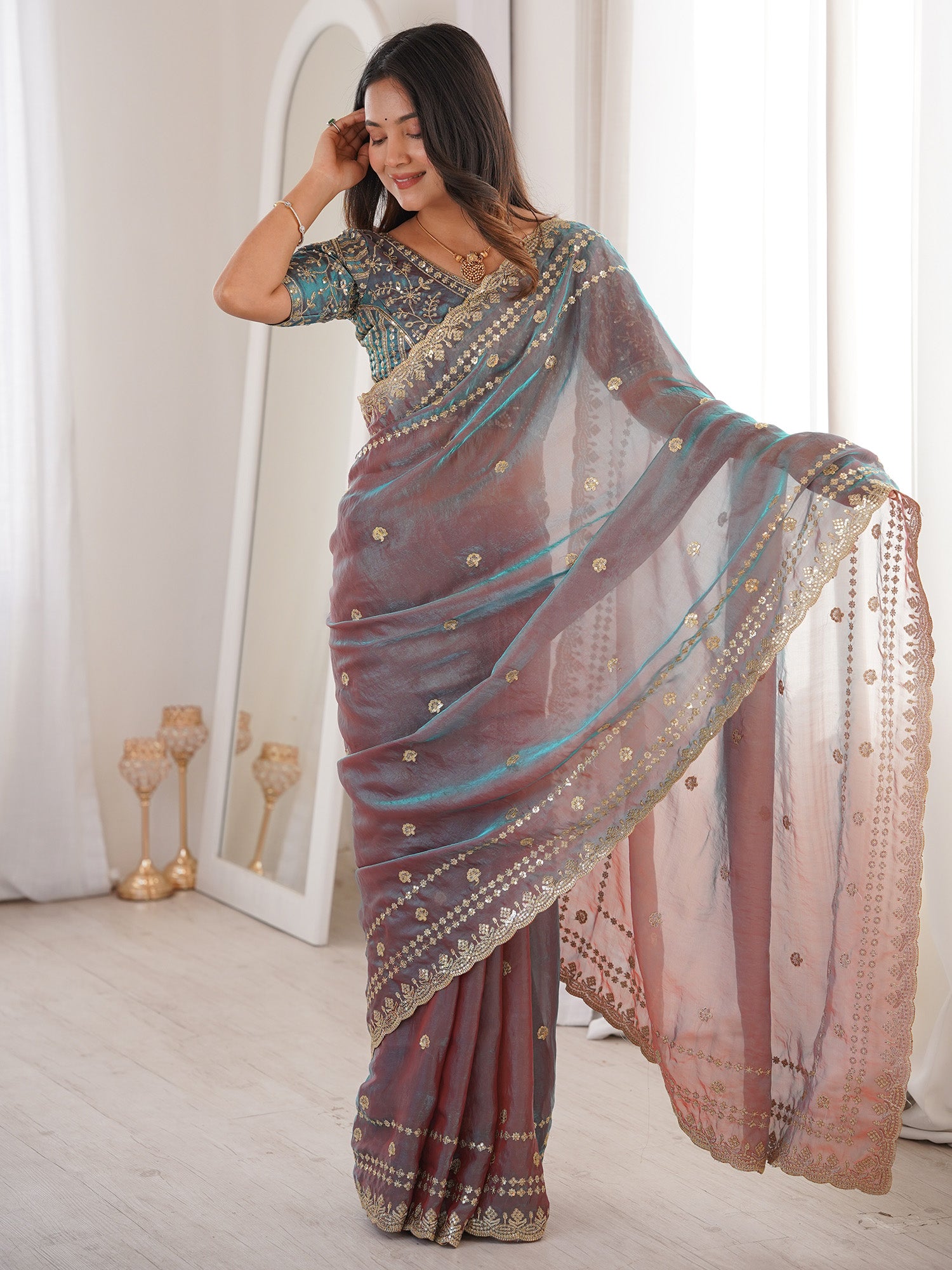 Women's Satin Mauve Embellished Designer Saree With Blouse Piece