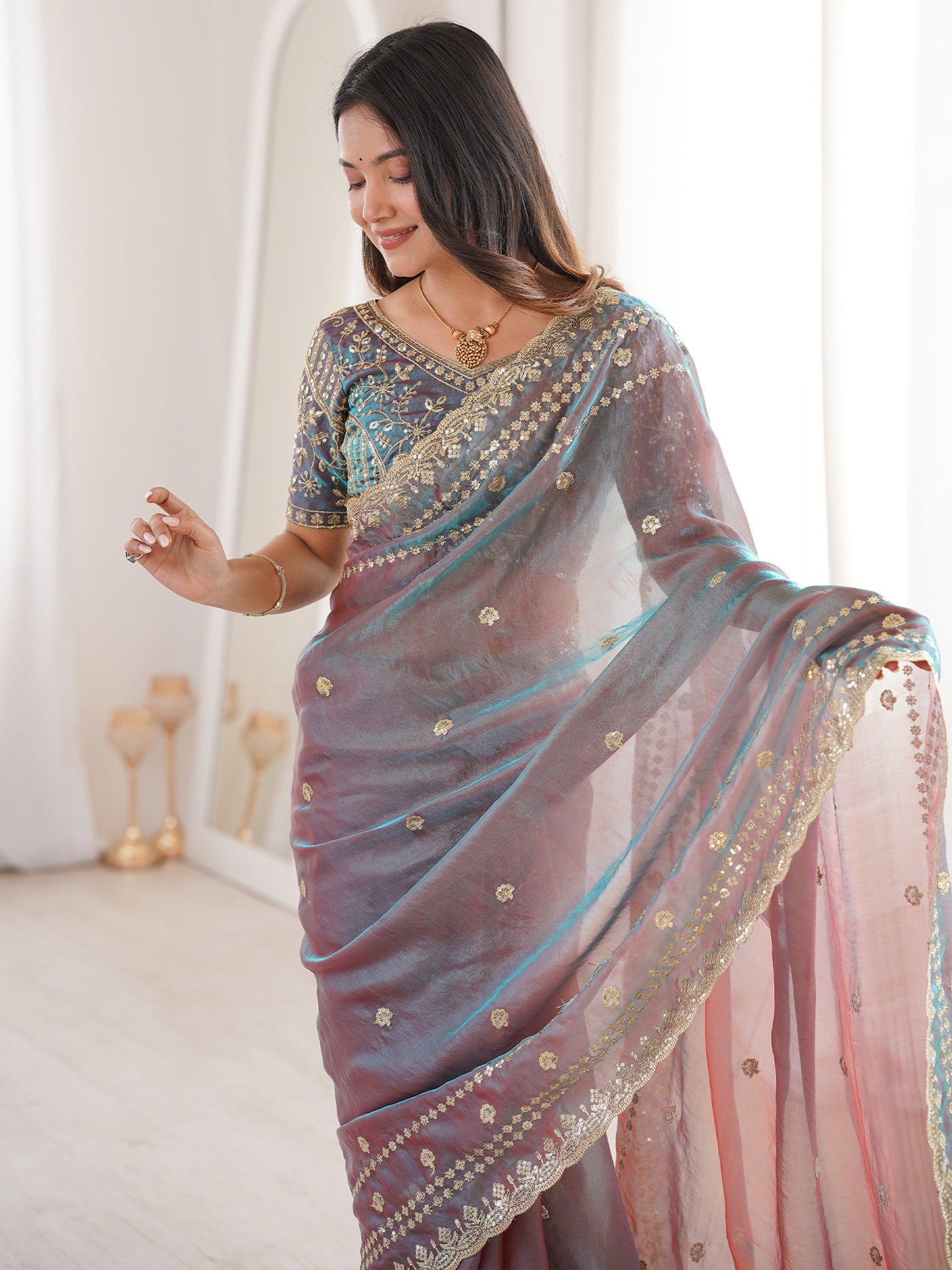 Women's Satin Mauve Embellished Designer Saree With Blouse Piece