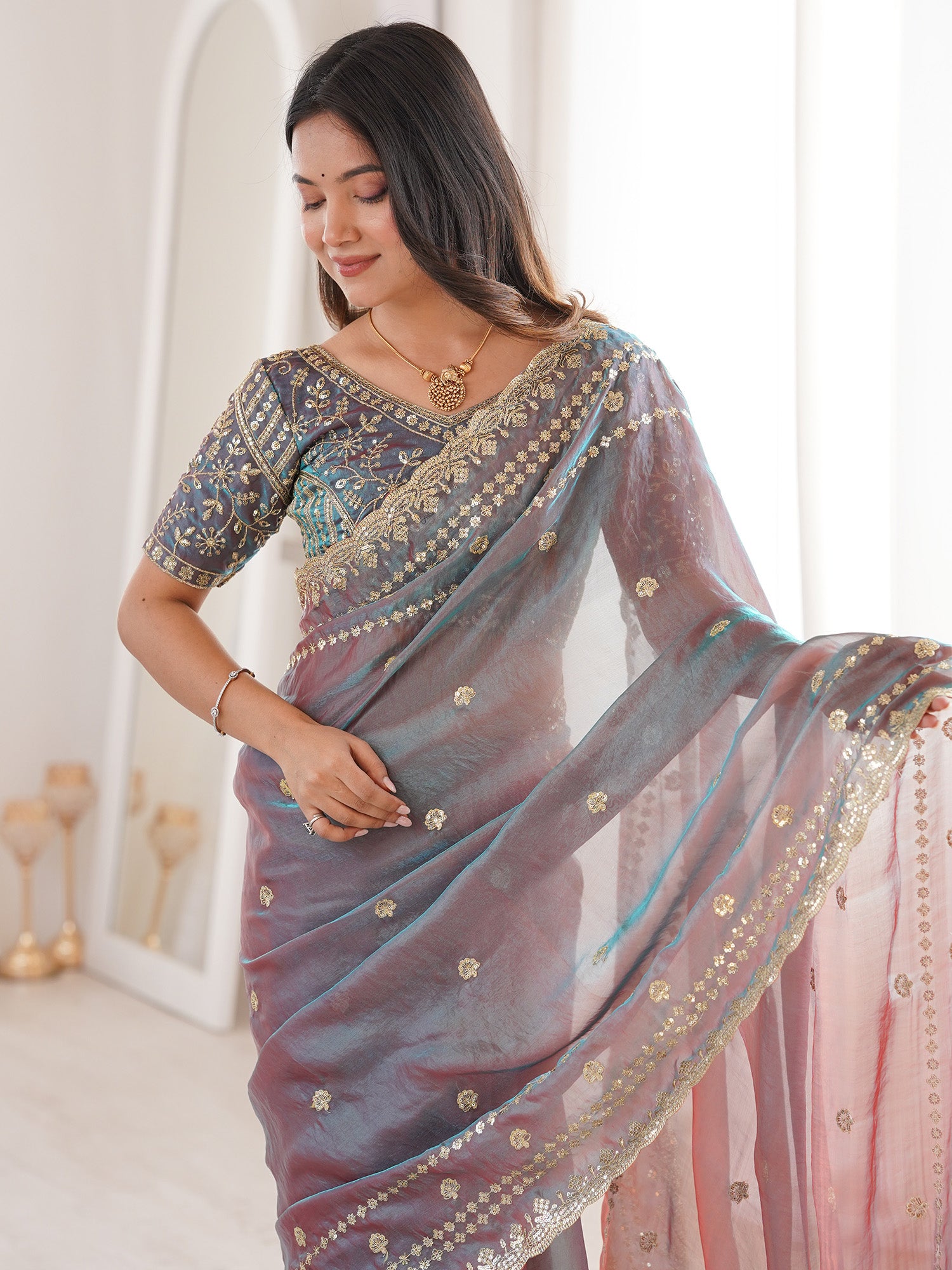 Women's Satin Mauve Embellished Designer Saree With Blouse Piece