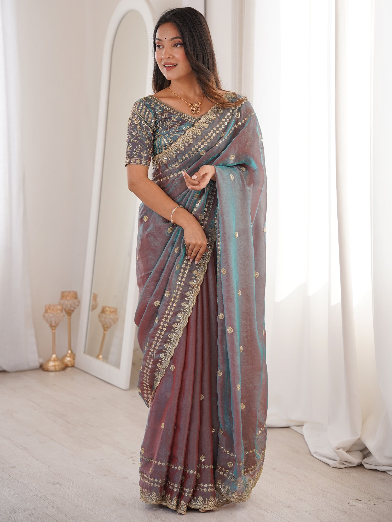 Women's Satin Mauve Embellished Designer Saree With Blouse Piece