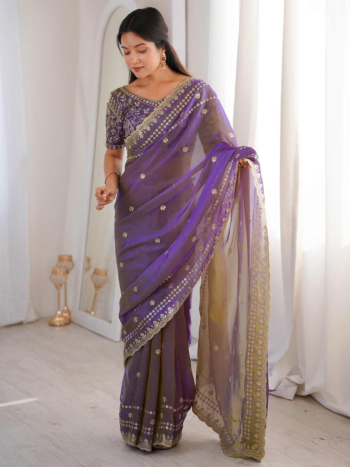 Women's Satin Purple Embellished Designer Saree With Blouse Piece