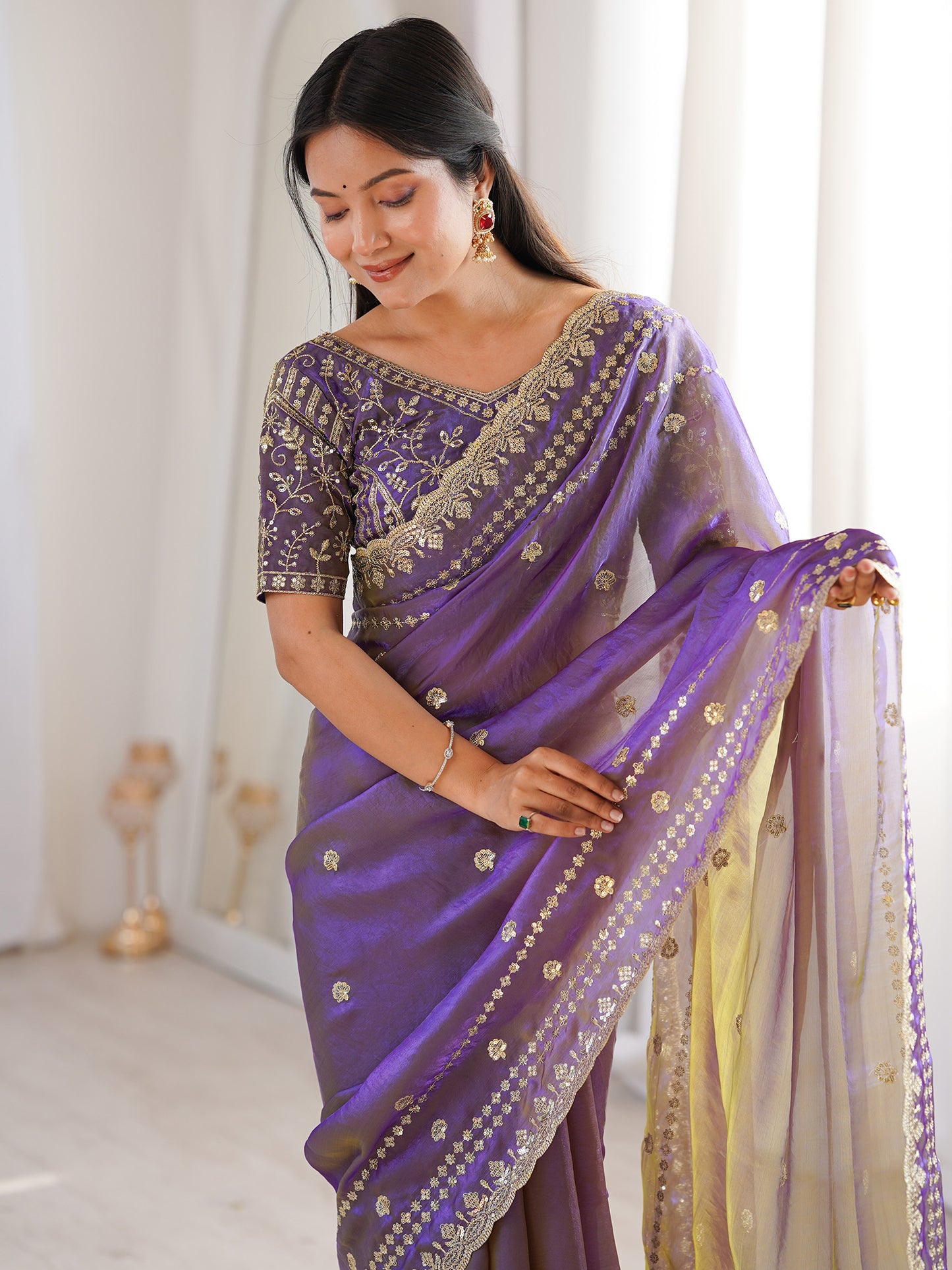 Women's Satin Purple Embellished Designer Saree With Blouse Piece